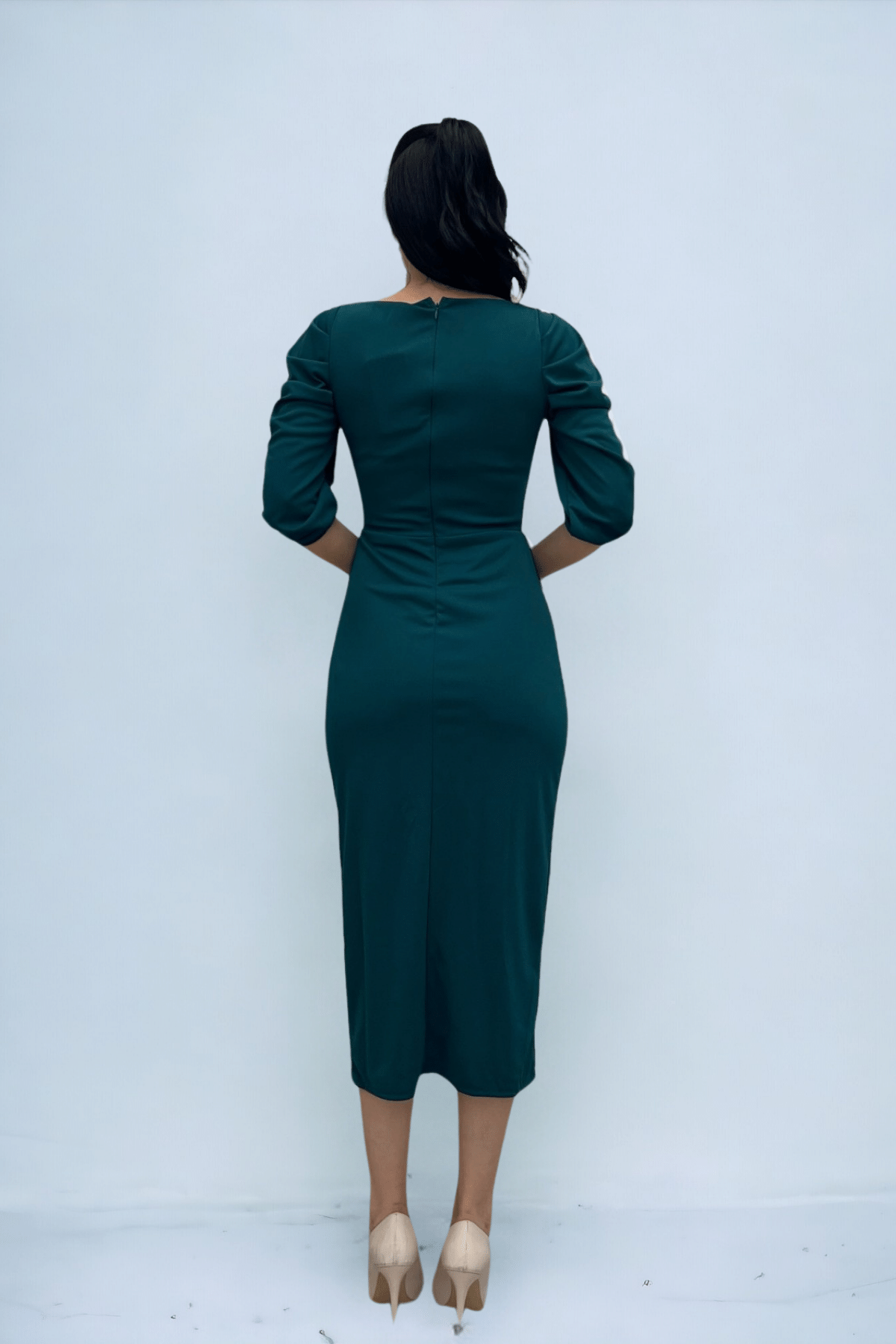 Knitted Crepe Fabric Square Collar Slit Dress - EMERALD GREEN