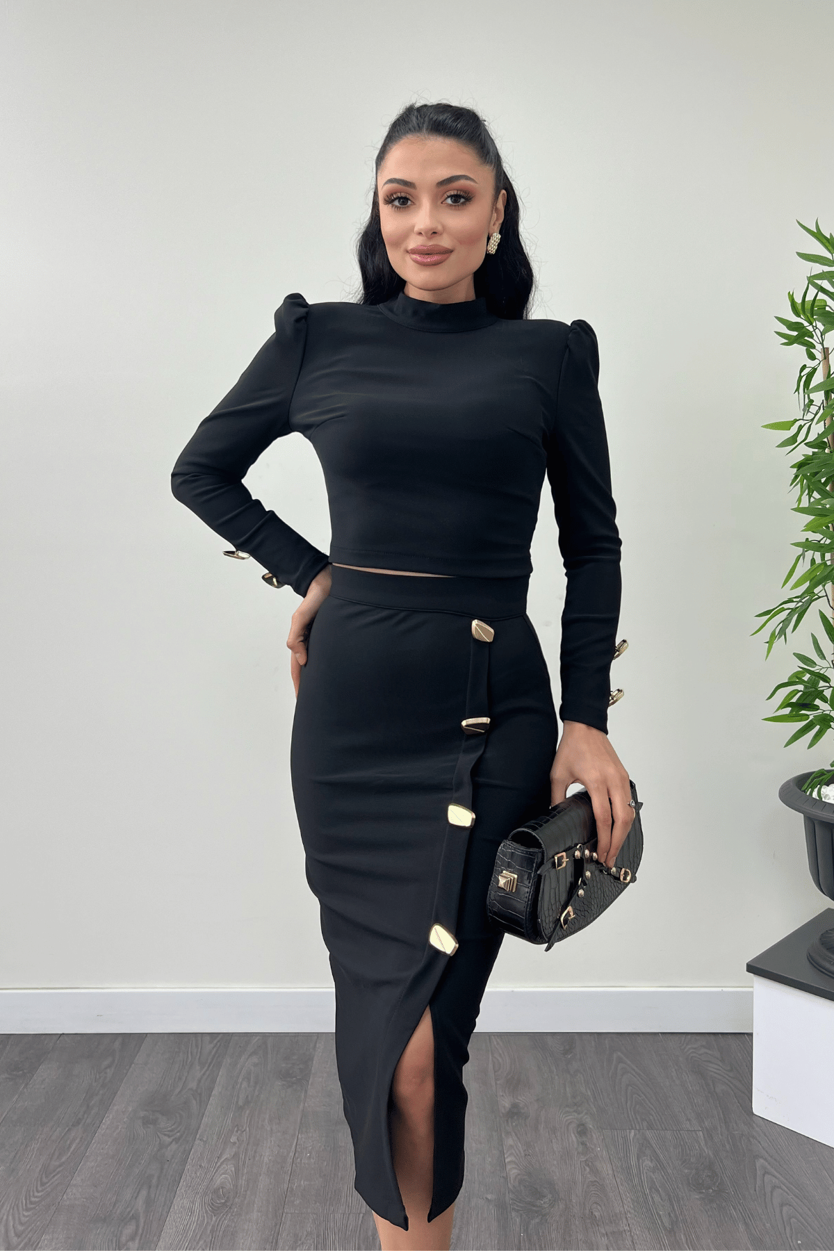 Crepe Fabric Button Detailed Suit - Black