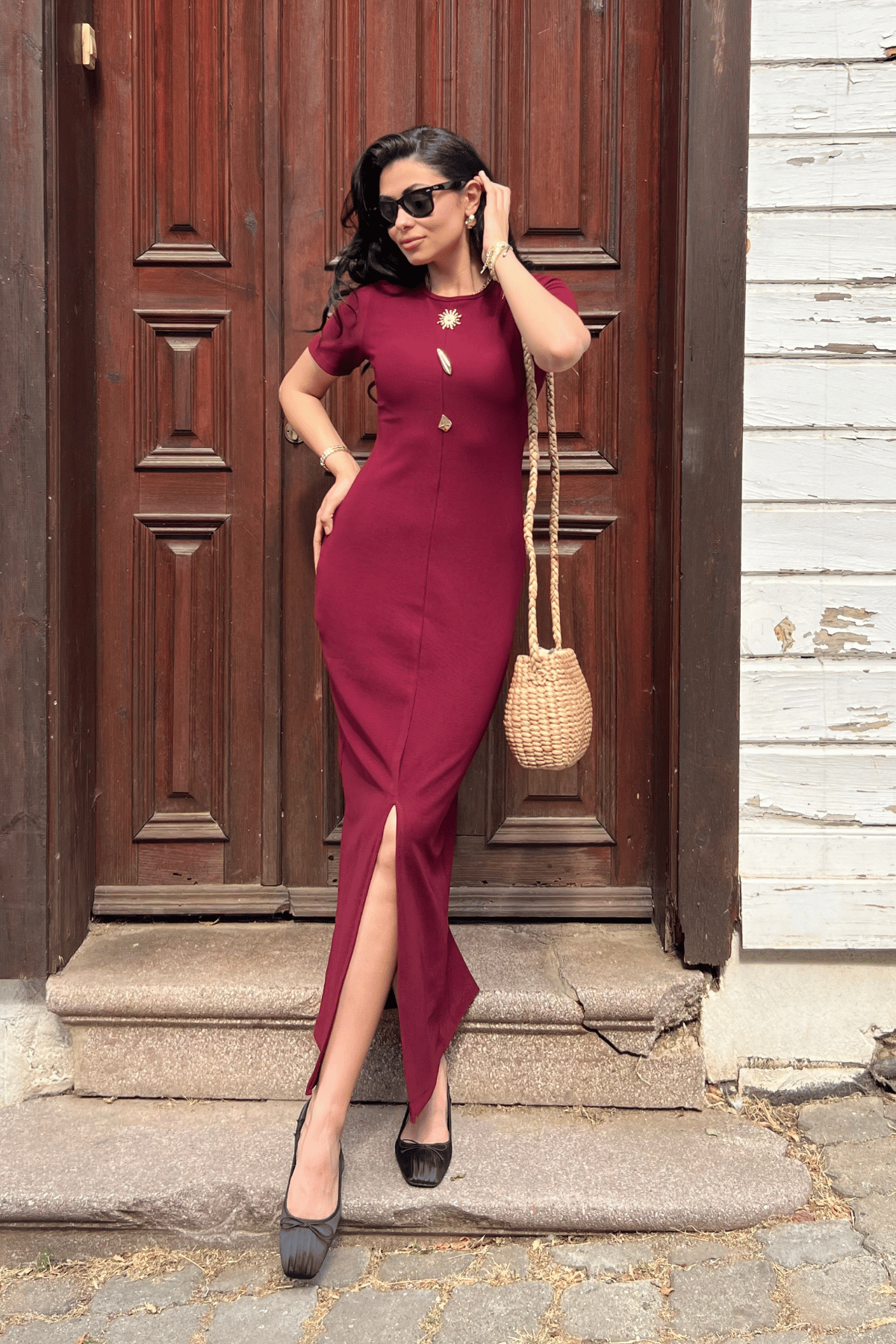 Ottoman Kumaş Kalem Elbise - BORDO