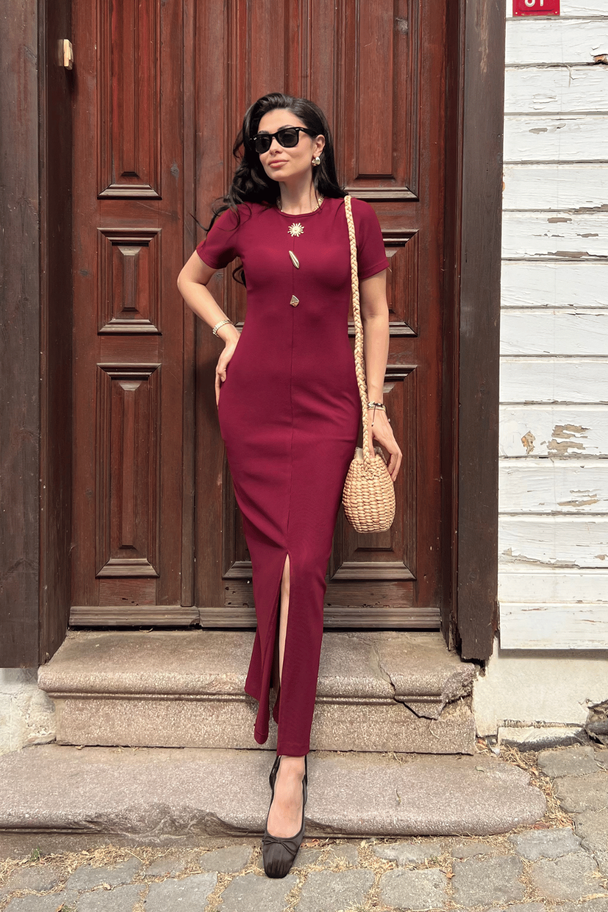 Ottoman Kumaş Kalem Elbise - BORDO