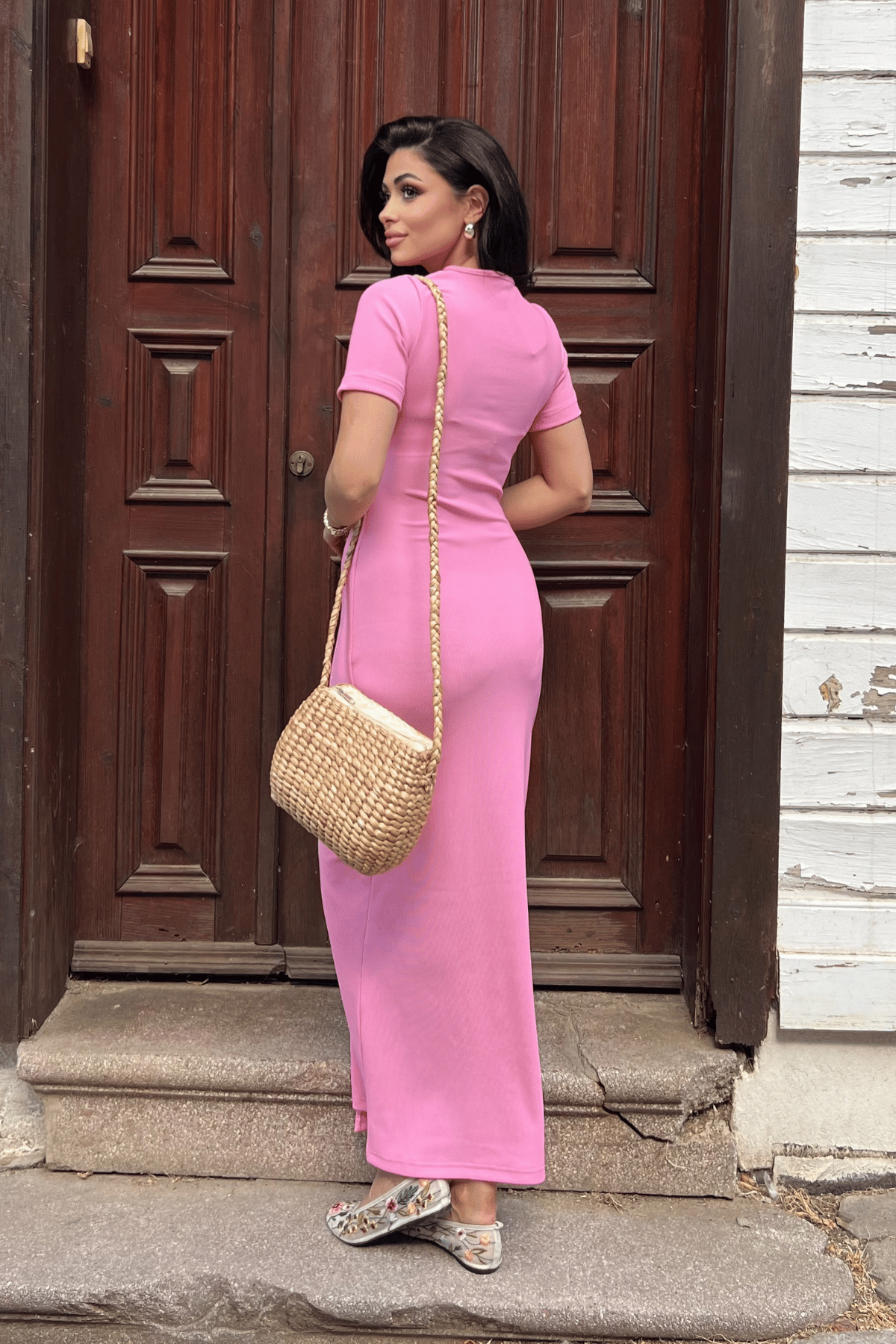 Ottoman Kumaş Kalem Elbise - PEMBE