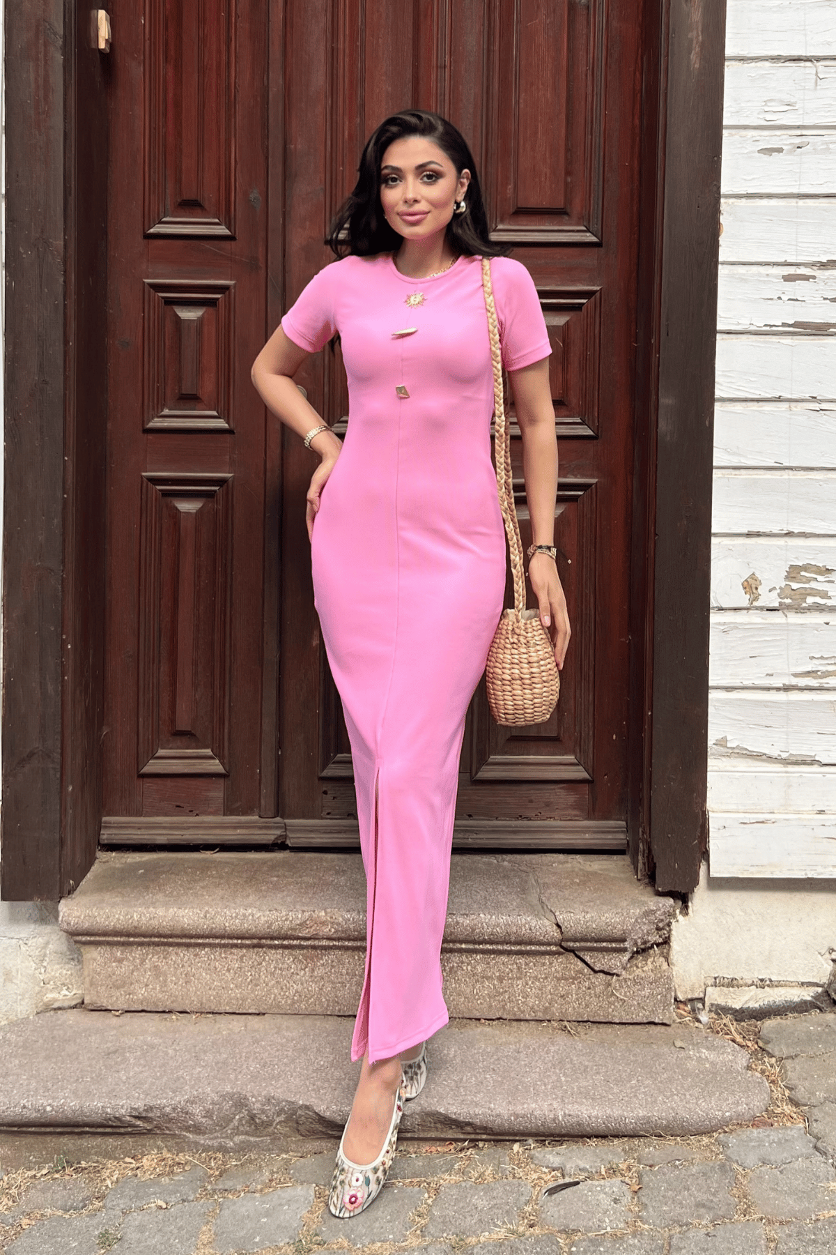 Ottoman Kumaş Kalem Elbise - PEMBE