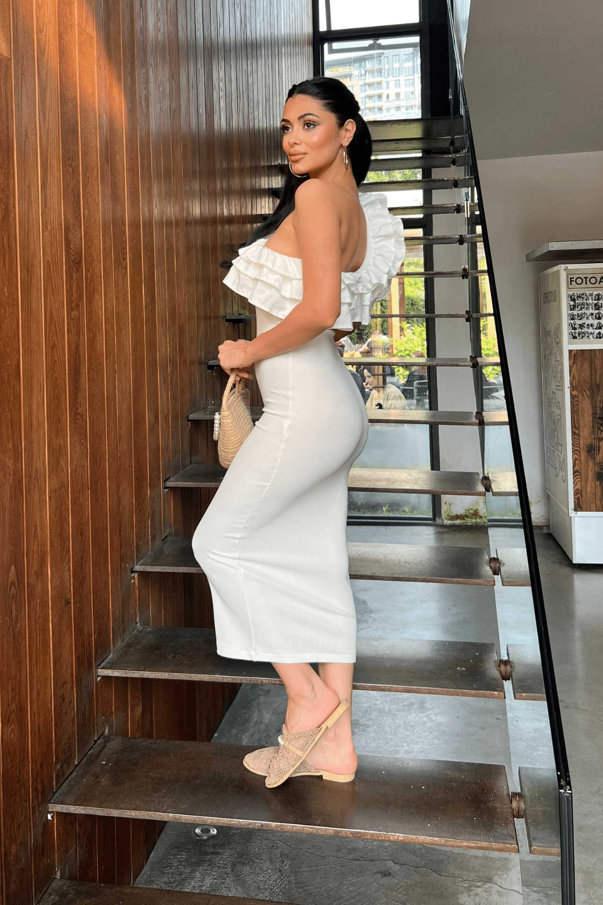 Ottoman Kumaş Tek Kol Kalem Elbise - BEYAZ