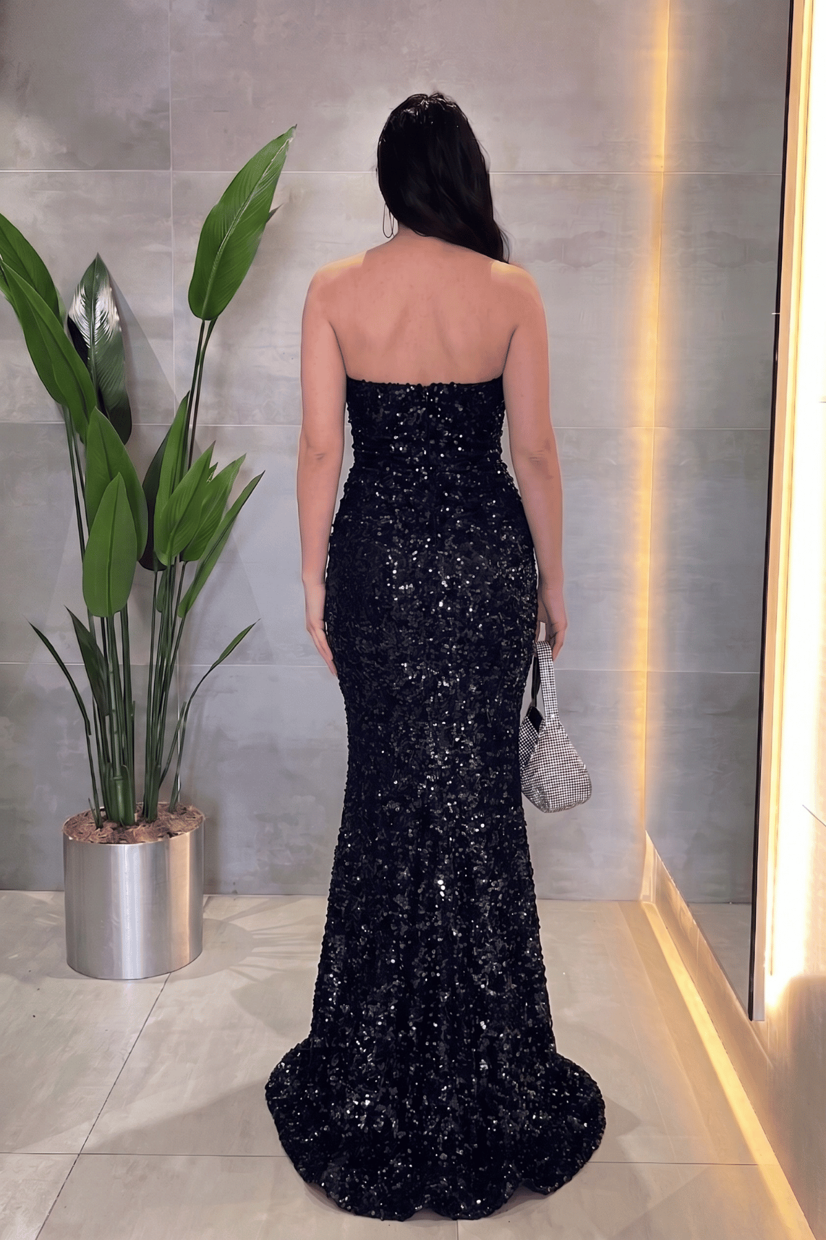 Payet Kumaş Drape Detaylı Abiye Elbise - SİYAH