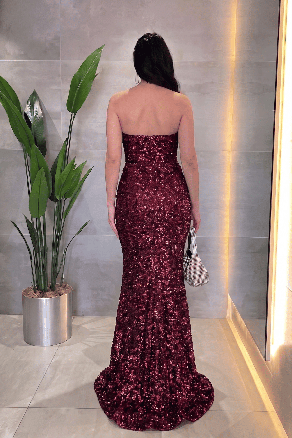 Payet Kumaş Drape Detaylı Abiye Elbise - BORDO