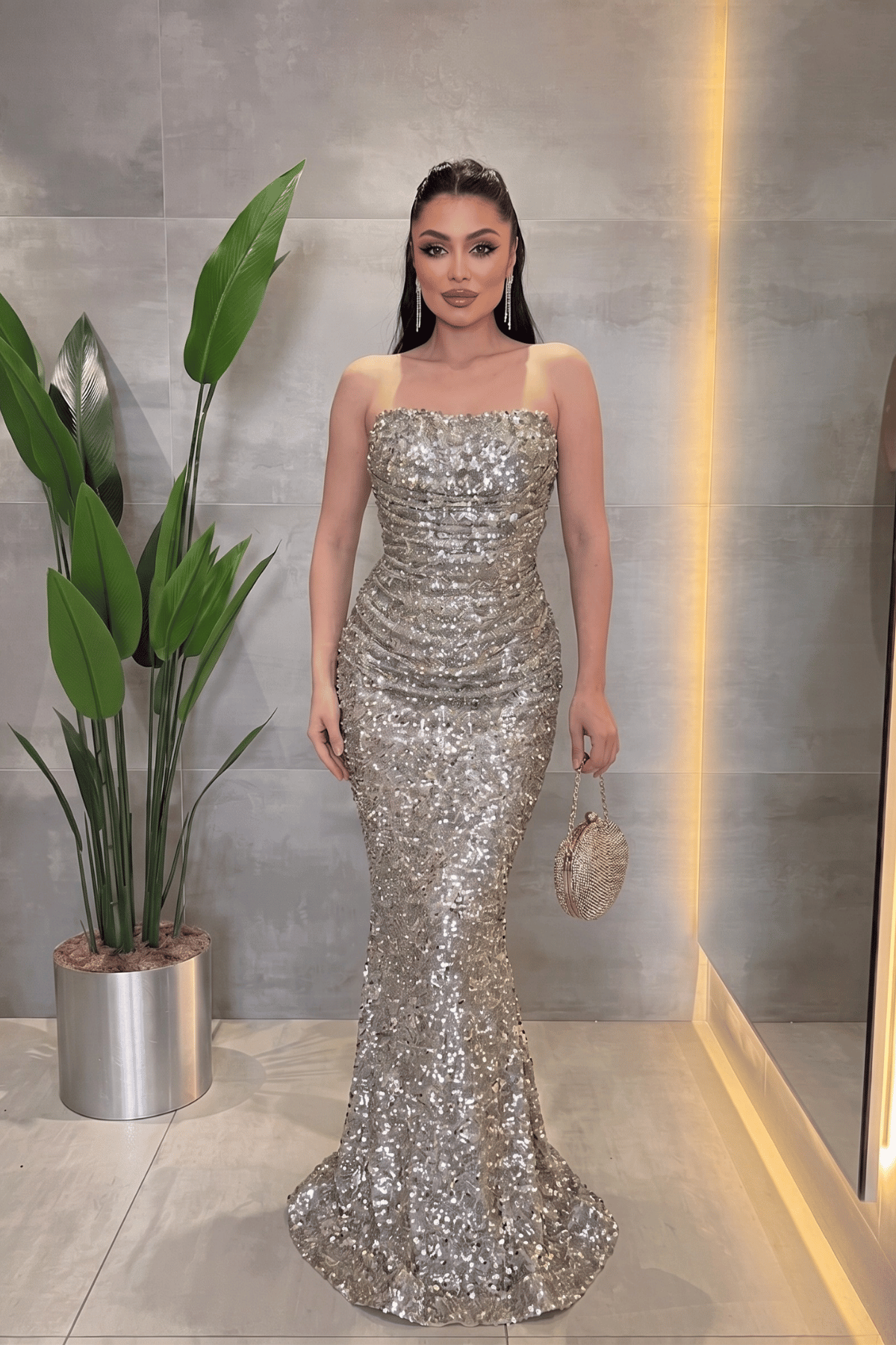 Payet Kumaş Drape Detaylı Abiye Elbise - GOLD