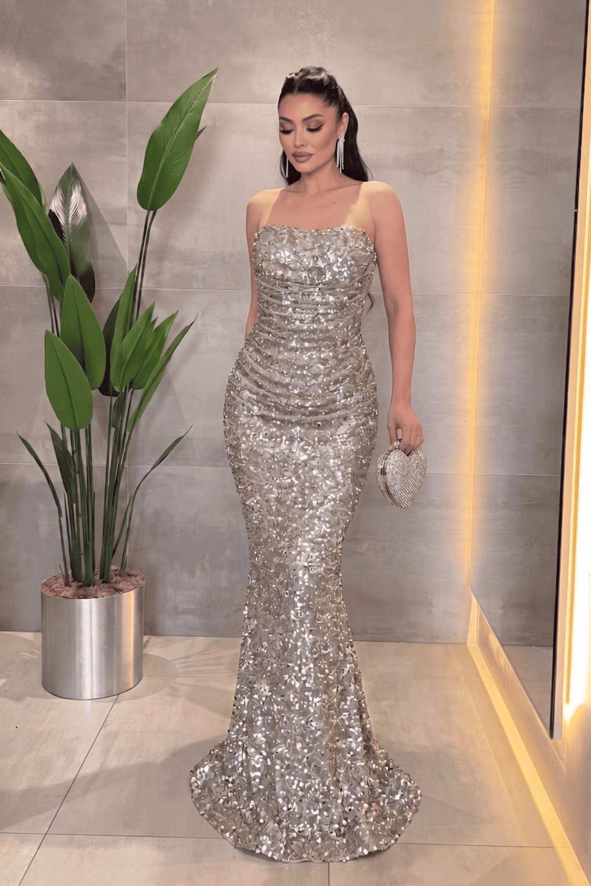 Payet Kumaş Drape Detaylı Abiye Elbise - GOLD