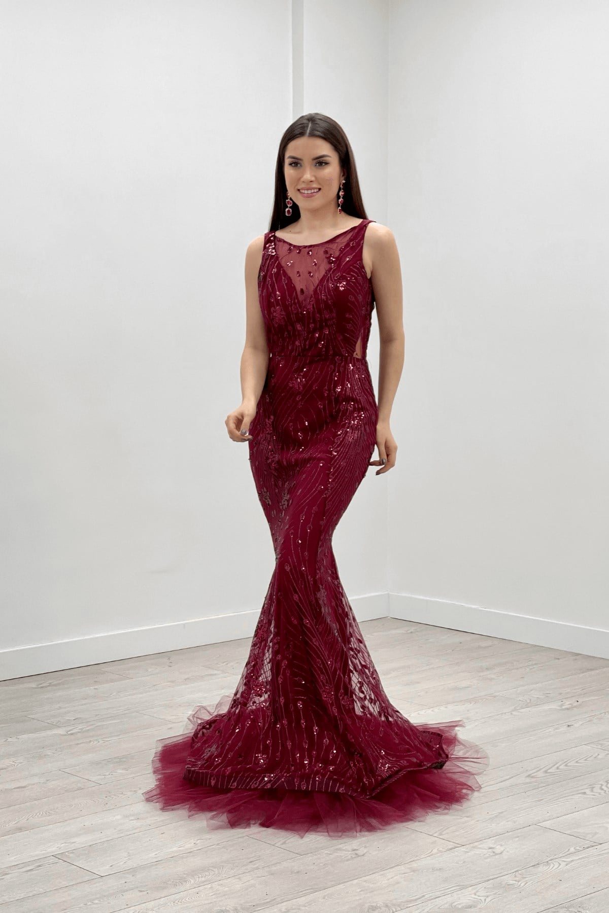 Sequin Fabric Tulle Detailed Skirt Dress - Claret Red