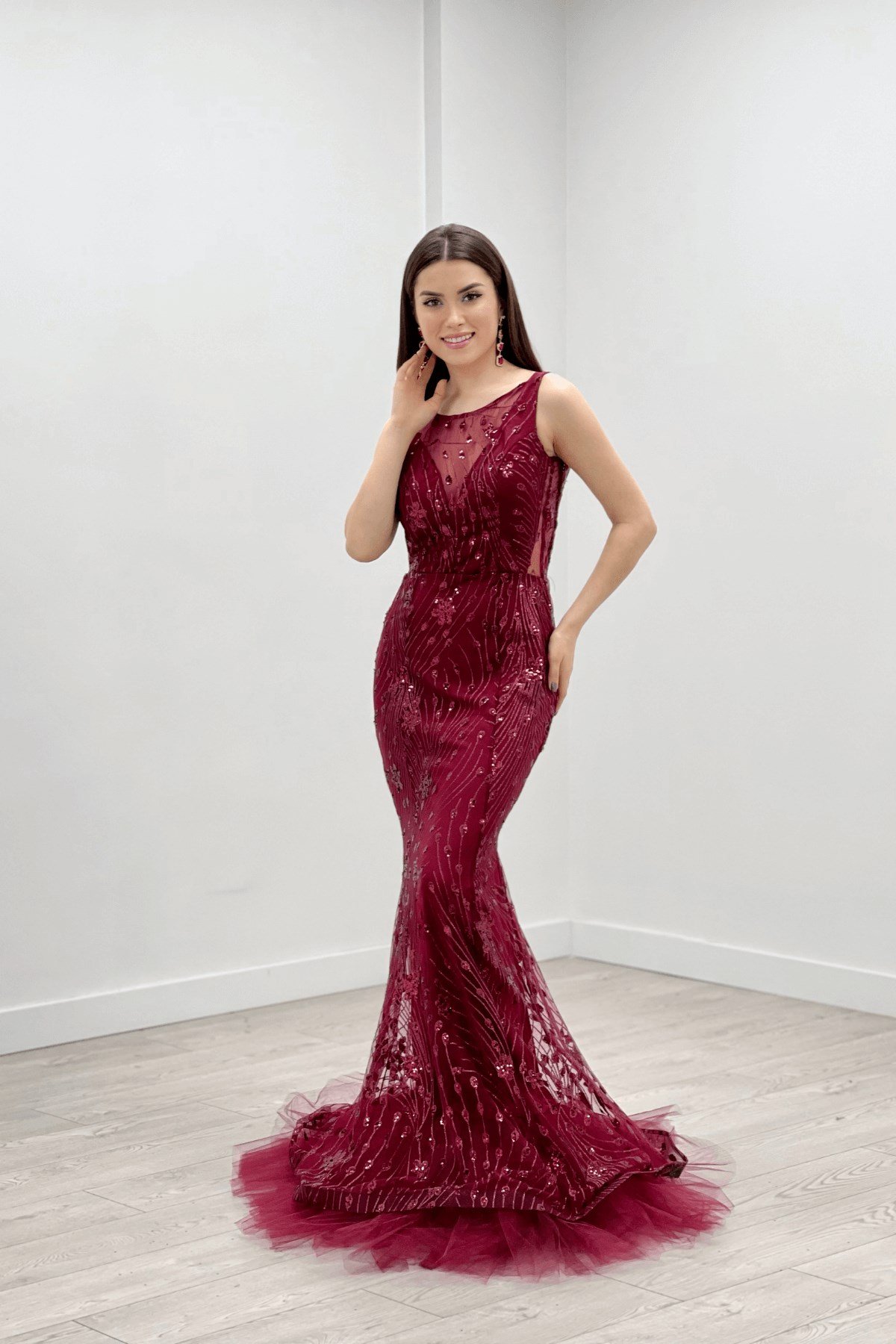 Sequin Fabric Tulle Detailed Skirt Dress - Claret Red