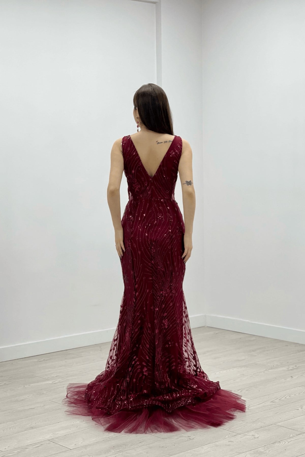 Sequin Fabric Tulle Detailed Skirt Dress - Claret Red