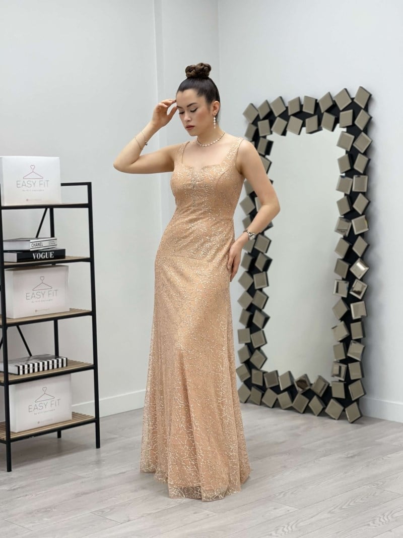 Payet Kumaş Kare Yaka Elbise - GOLD