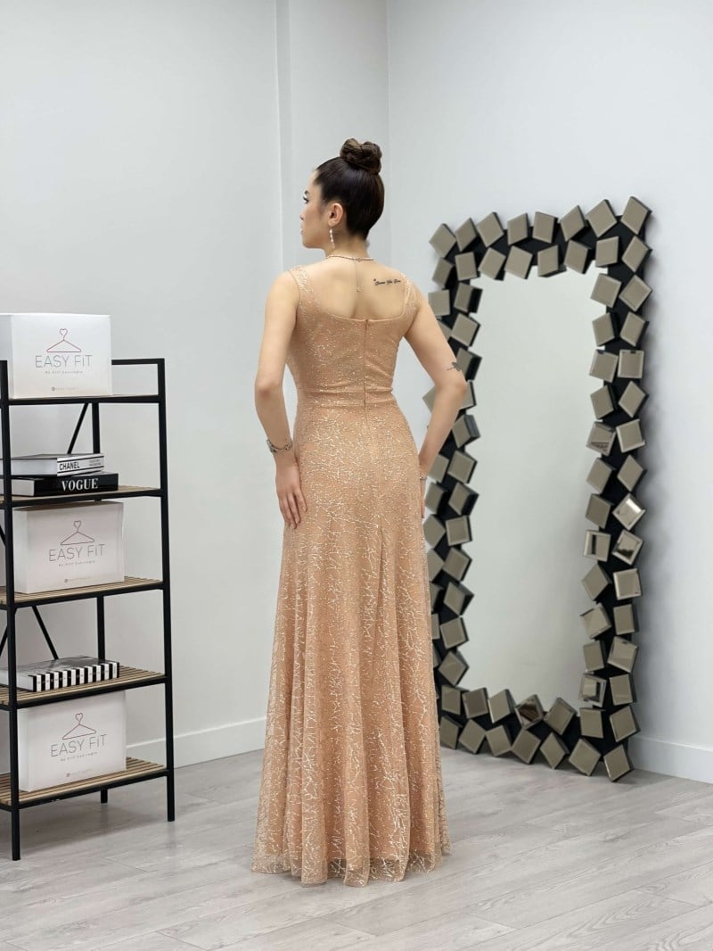 Payet Kumaş Kare Yaka Elbise - GOLD