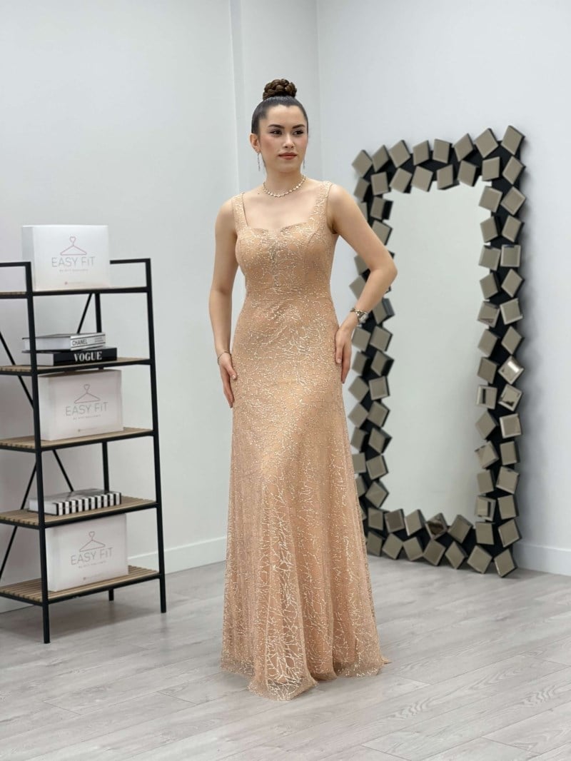 Payet Kumaş Kare Yaka Elbise - GOLD