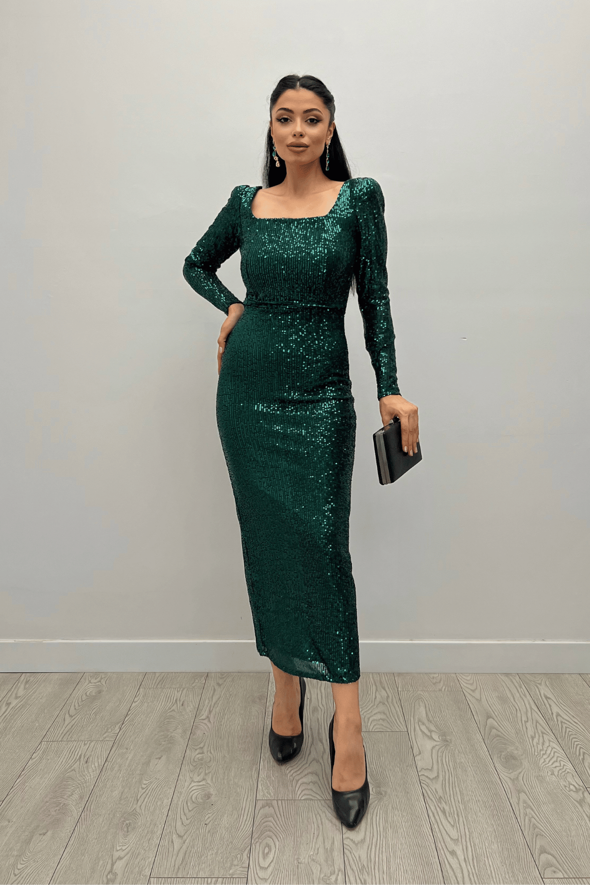 Payet Kumaş Kare Yaka Kalem Elbise - ZÜMRÜT YEŞİL