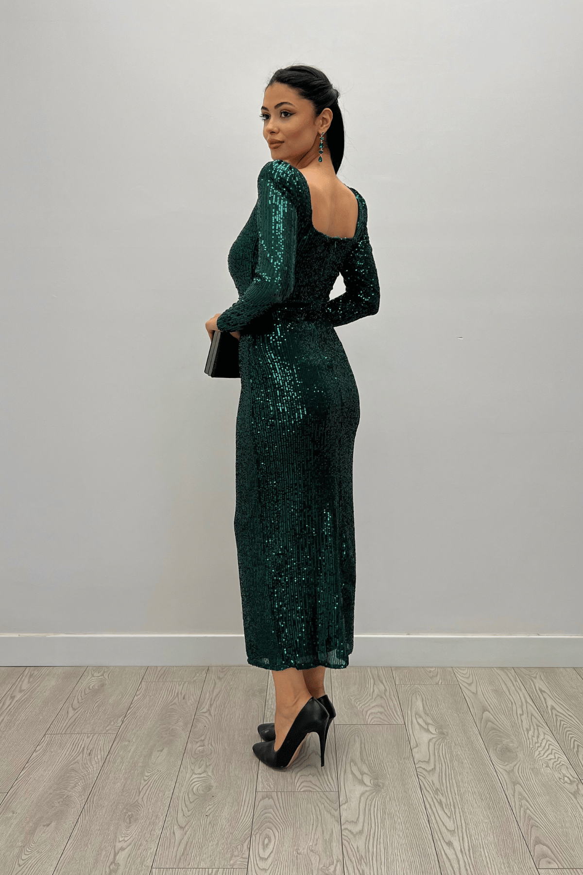 Payet Kumaş Kare Yaka Kalem Elbise - ZÜMRÜT YEŞİL