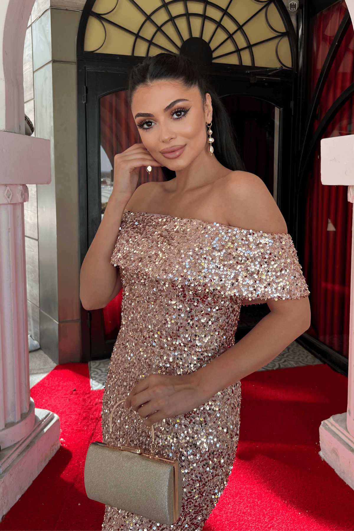 Payet Kumaş Kayık Yaka Kalem Elbise - BAKIR