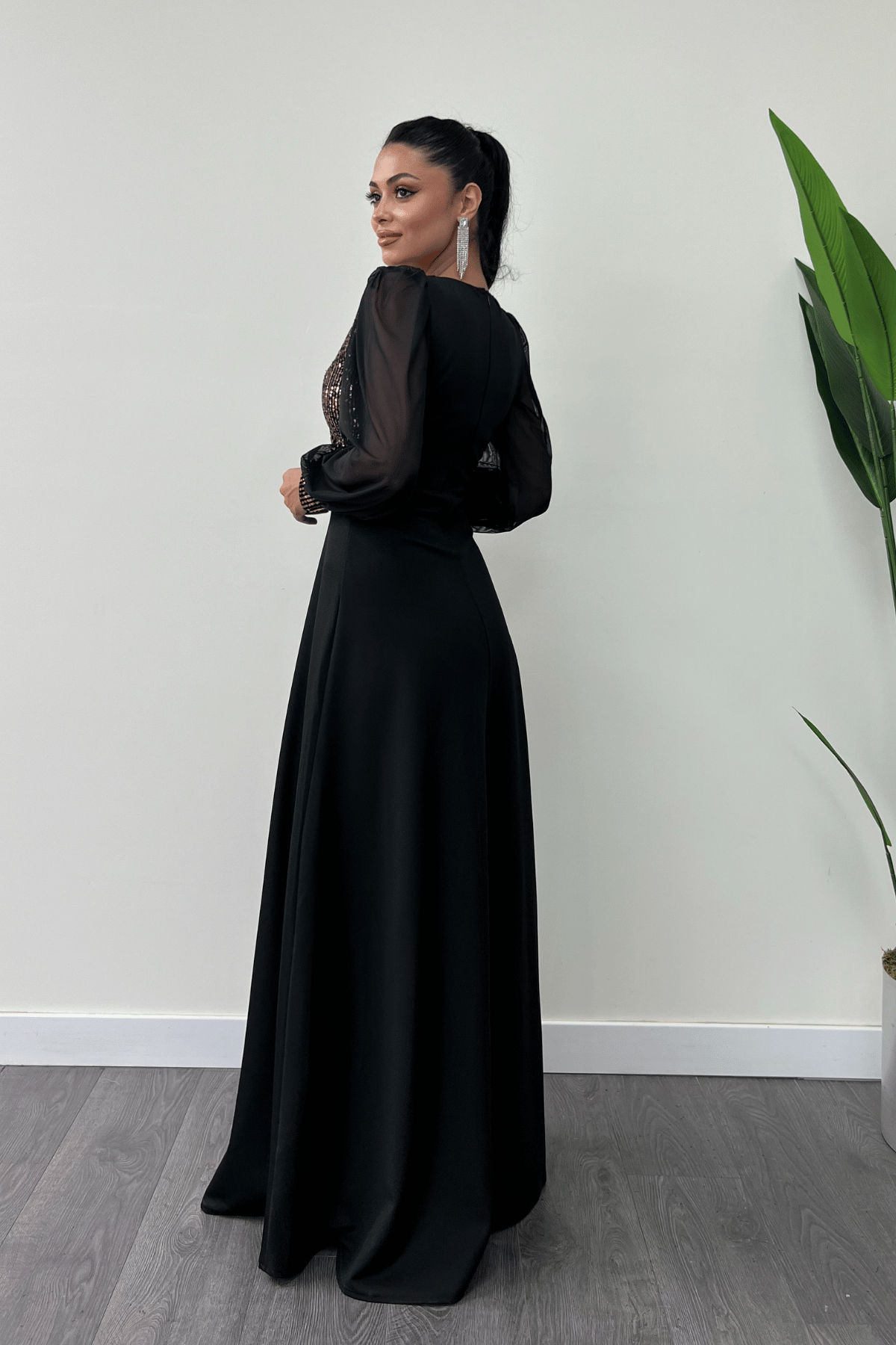 Payet Kumaş Kolları Tül Abiye Elbise - GOLD