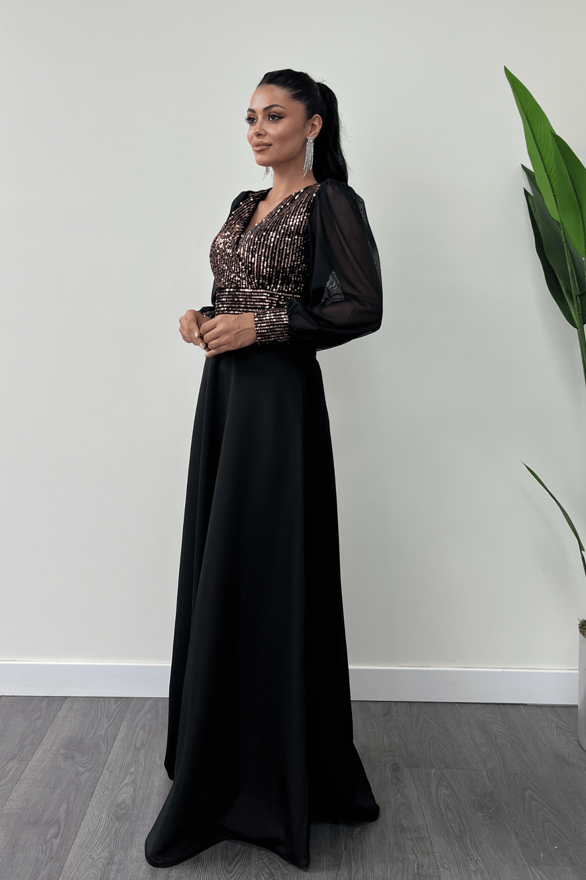 Payet Kumaş Kolları Tül Abiye Elbise - GOLD