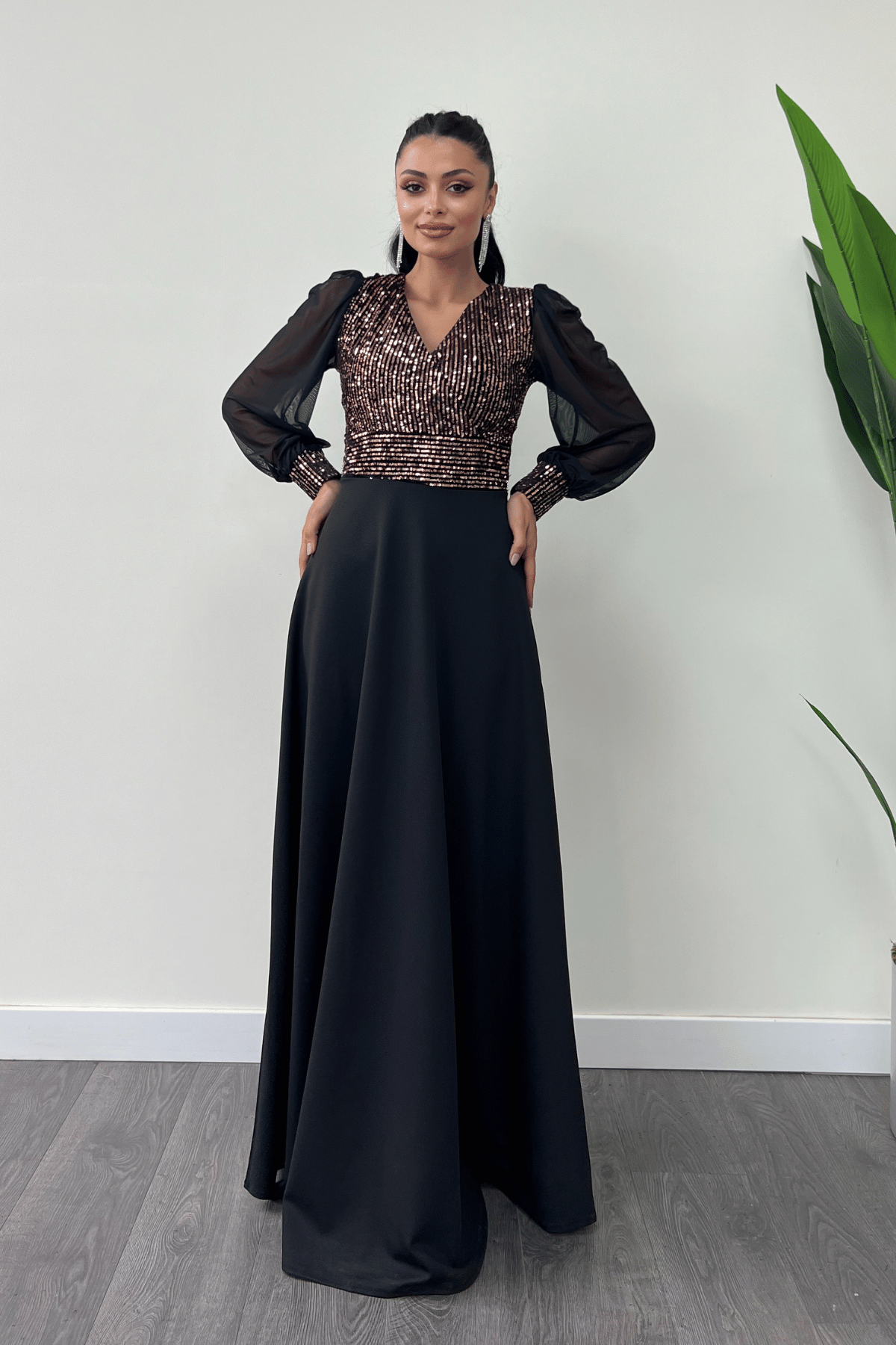 Payet Kumaş Kolları Tül Abiye Elbise - GOLD