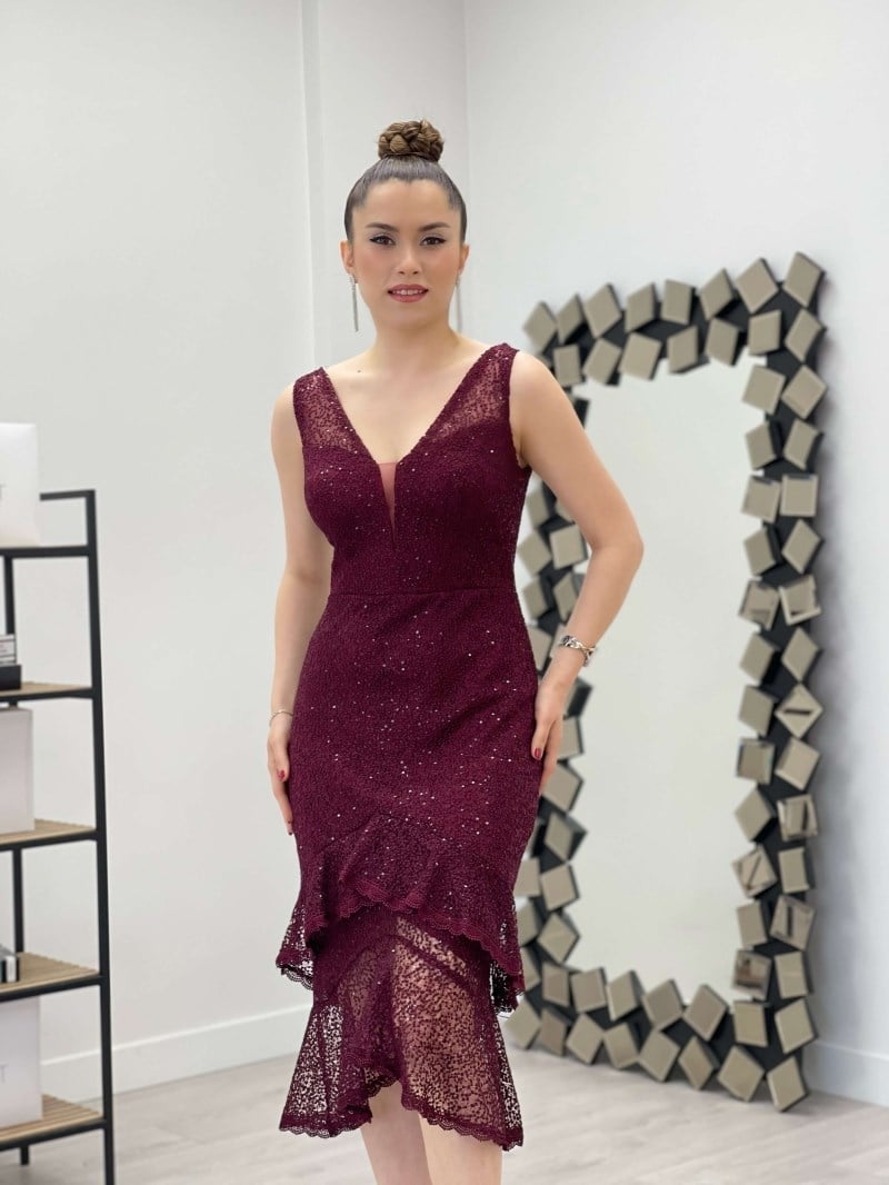 Payet Kumaş Örme Detaylı Volanlı Elbise - BORDO