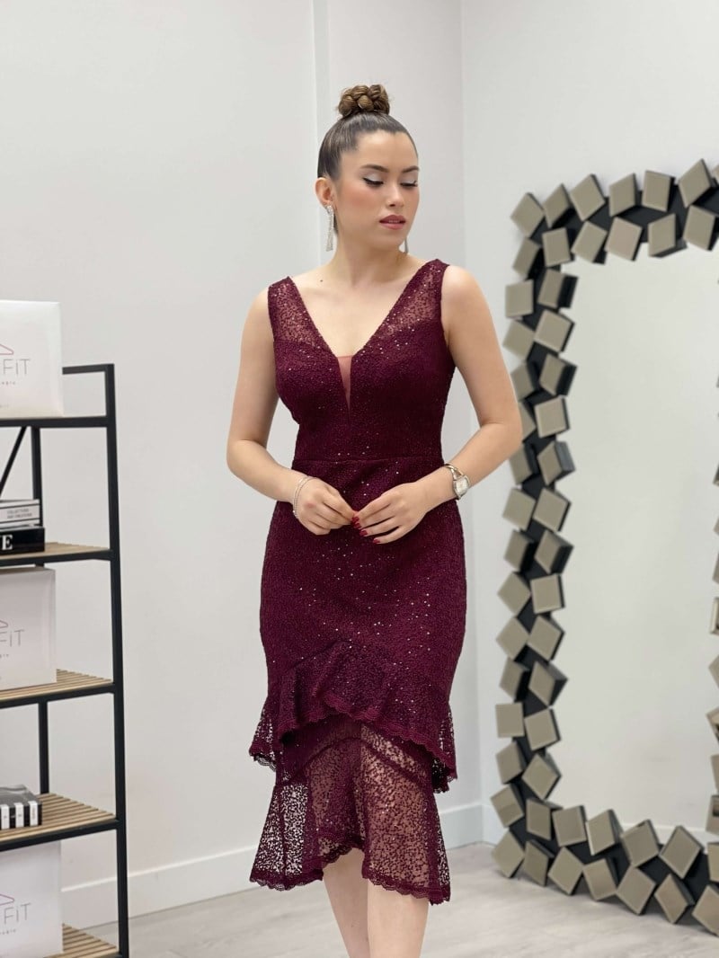 Payet Kumaş Örme Detaylı Volanlı Elbise - BORDO