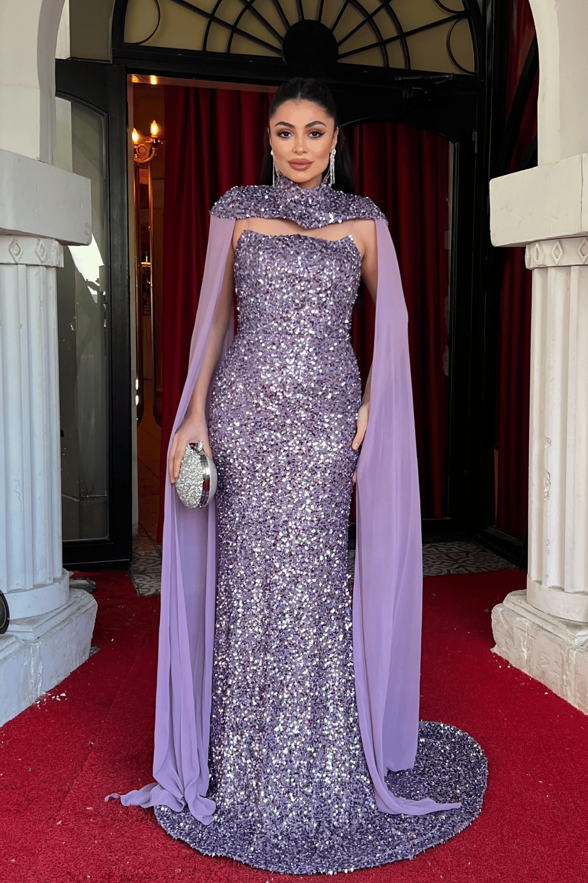 Payet Kumaş Pelerin Detaylı Abiye Elbise - LİLA