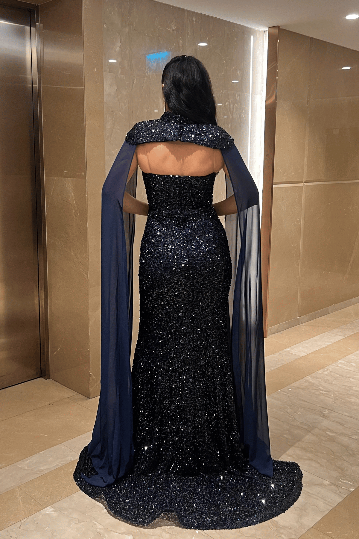 Payet Kumaş Pelerin Detaylı Abiye Elbise - LACİVERT