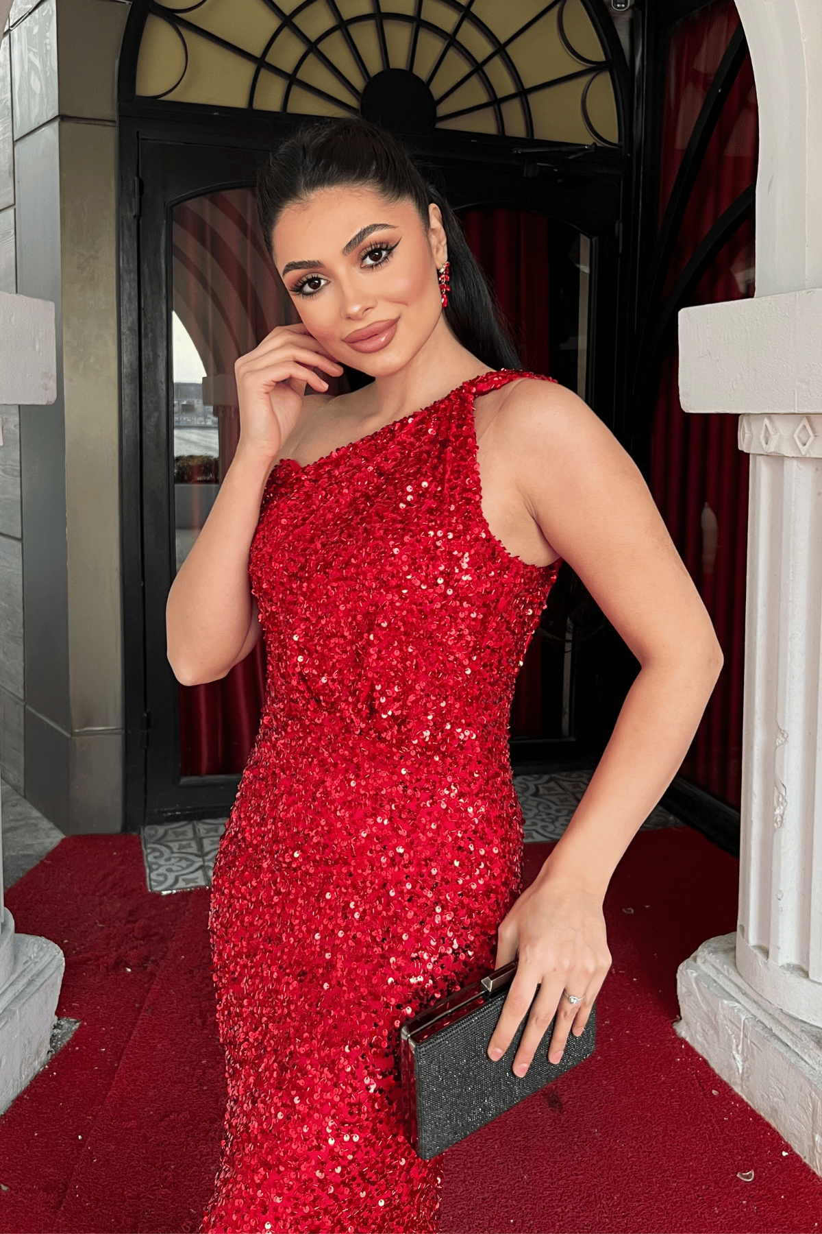 Payet Kumaş Tasarım Balık Elbise - KIRMIZI