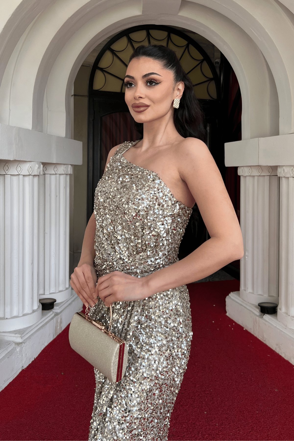 Payet Kumaş Tek Kol Kalem Elbise - GOLD