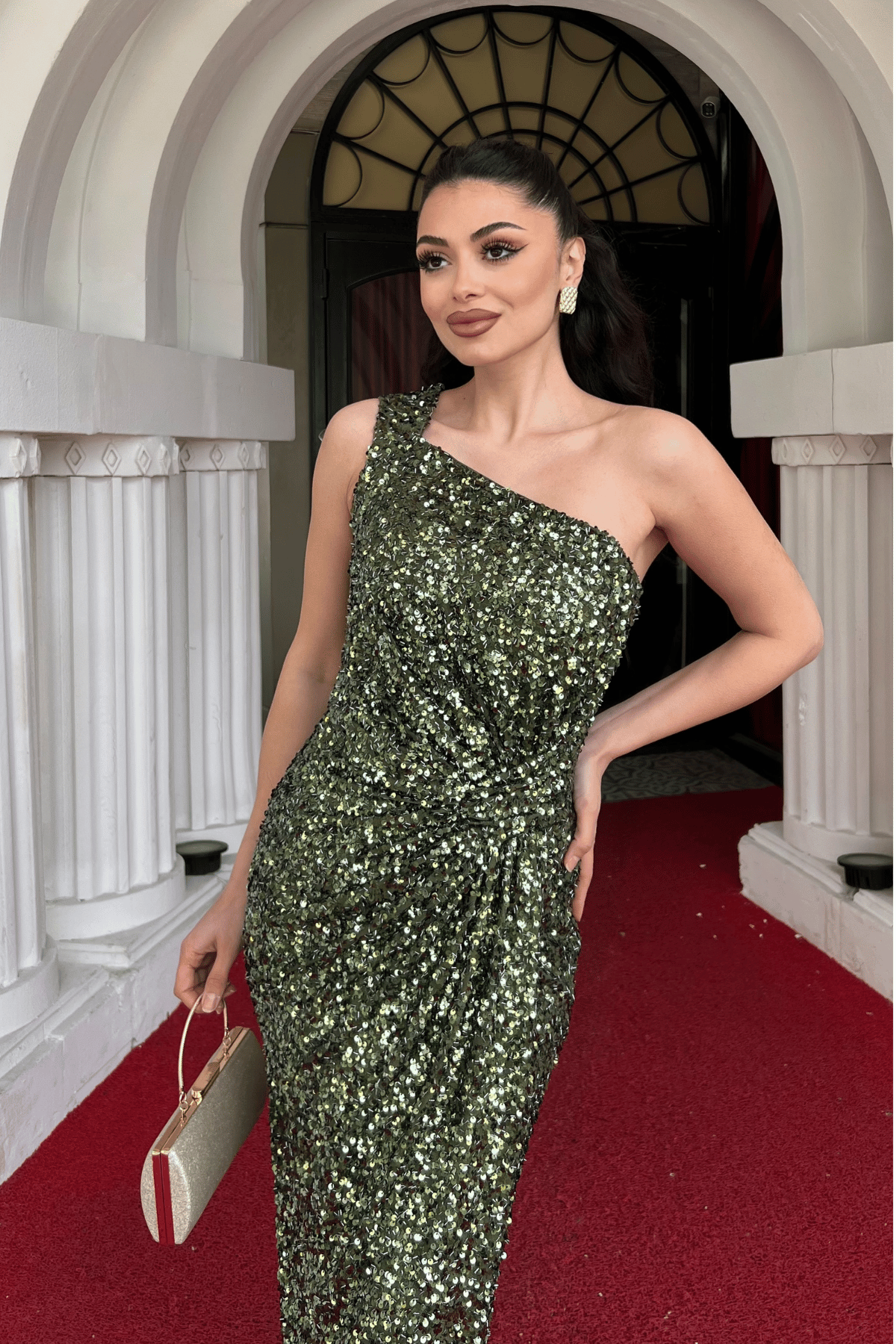 Payet Kumaş Tek Kol Kalem Elbise - HAKİ YEŞİLİ