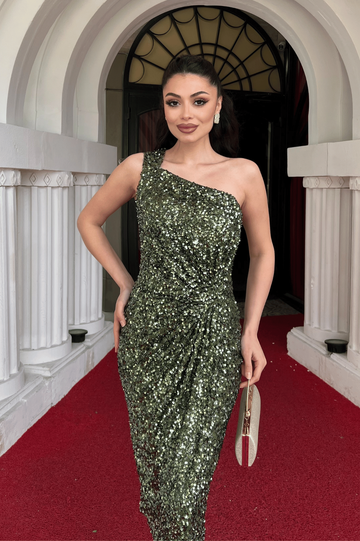 Payet Kumaş Tek Kol Kalem Elbise - HAKİ YEŞİLİ