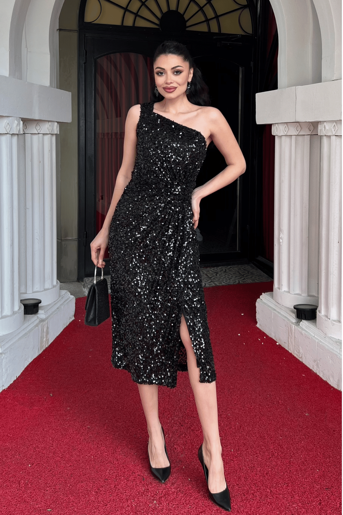 Payet Kumaş Tek Kol Kalem Elbise - SİYAH