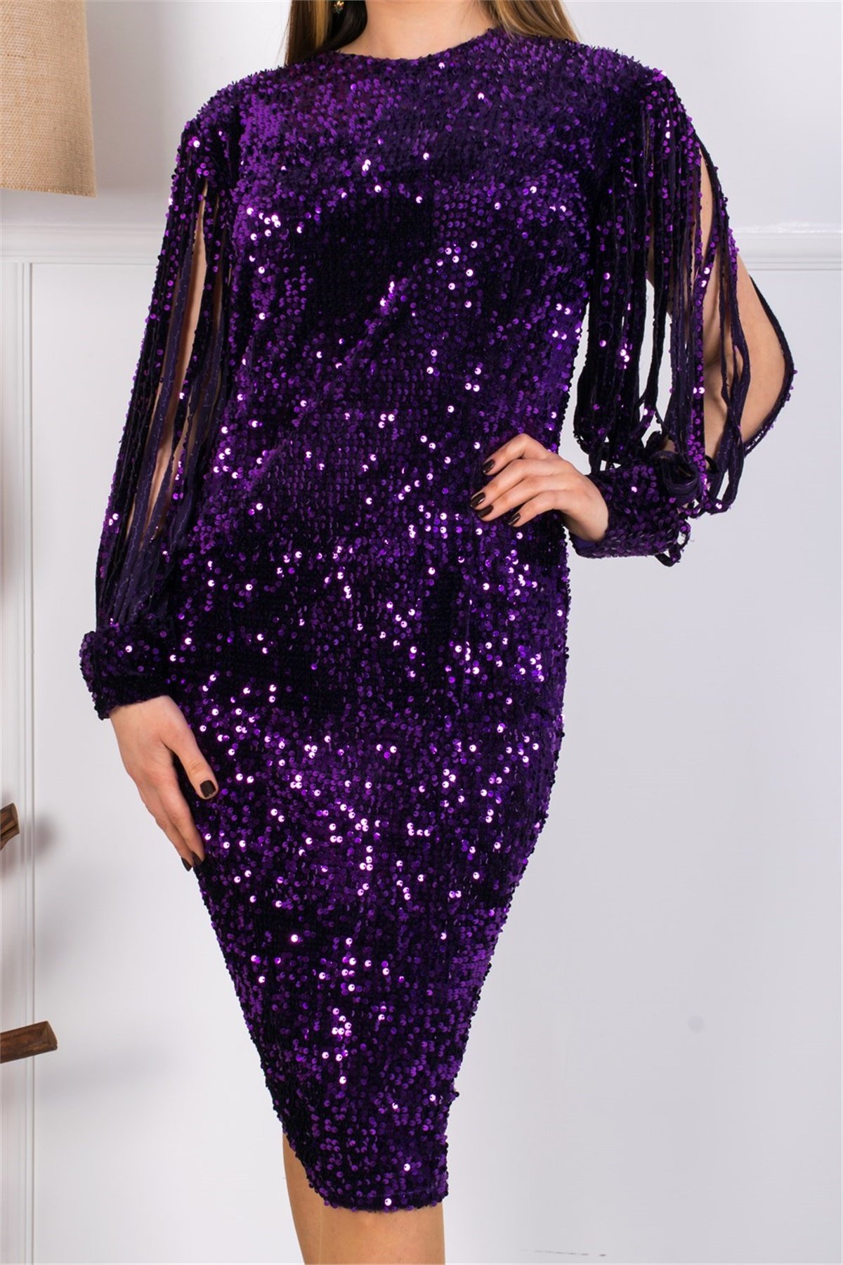 Payet Tasarım Kol Saçak Elbise - Mor
