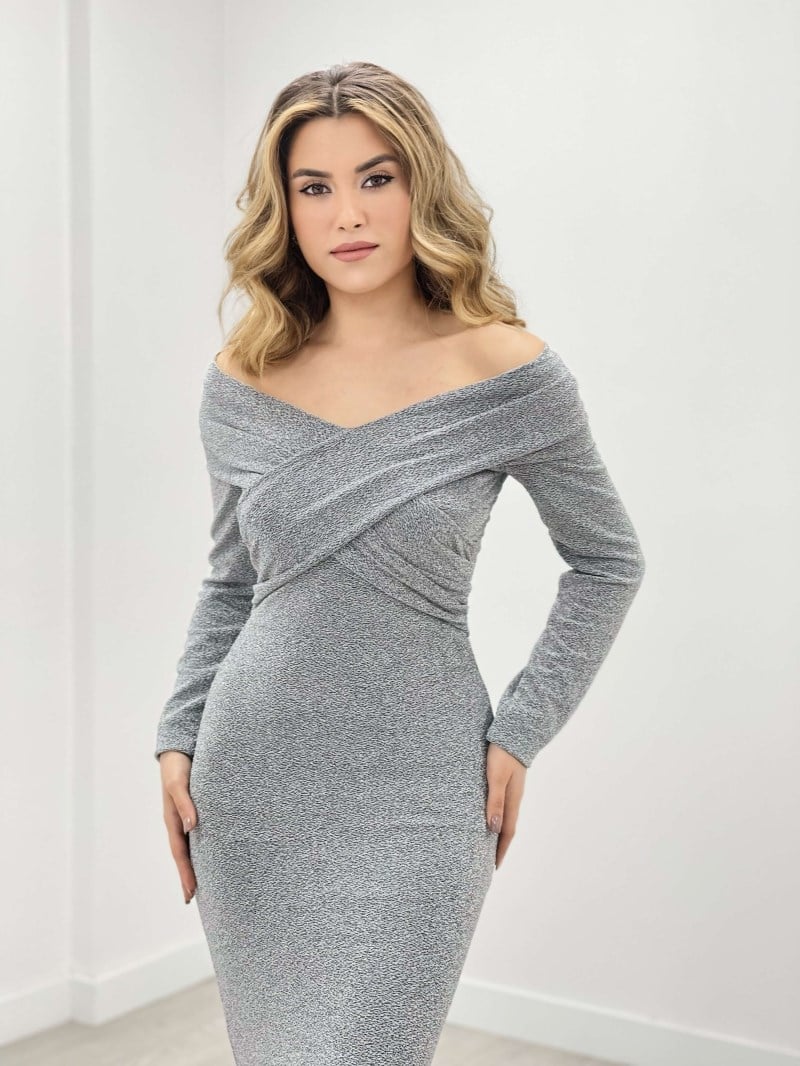 Pırıltı Kumaş Kayık Yaka Balık Elbise - GRİ