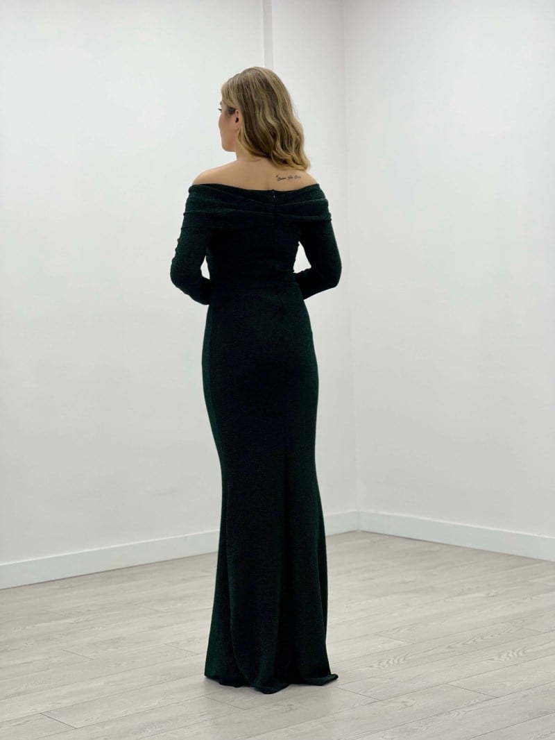Pırıltı Kumaş Kayık Yaka Balık Elbise - ZÜMRÜT YEŞİL