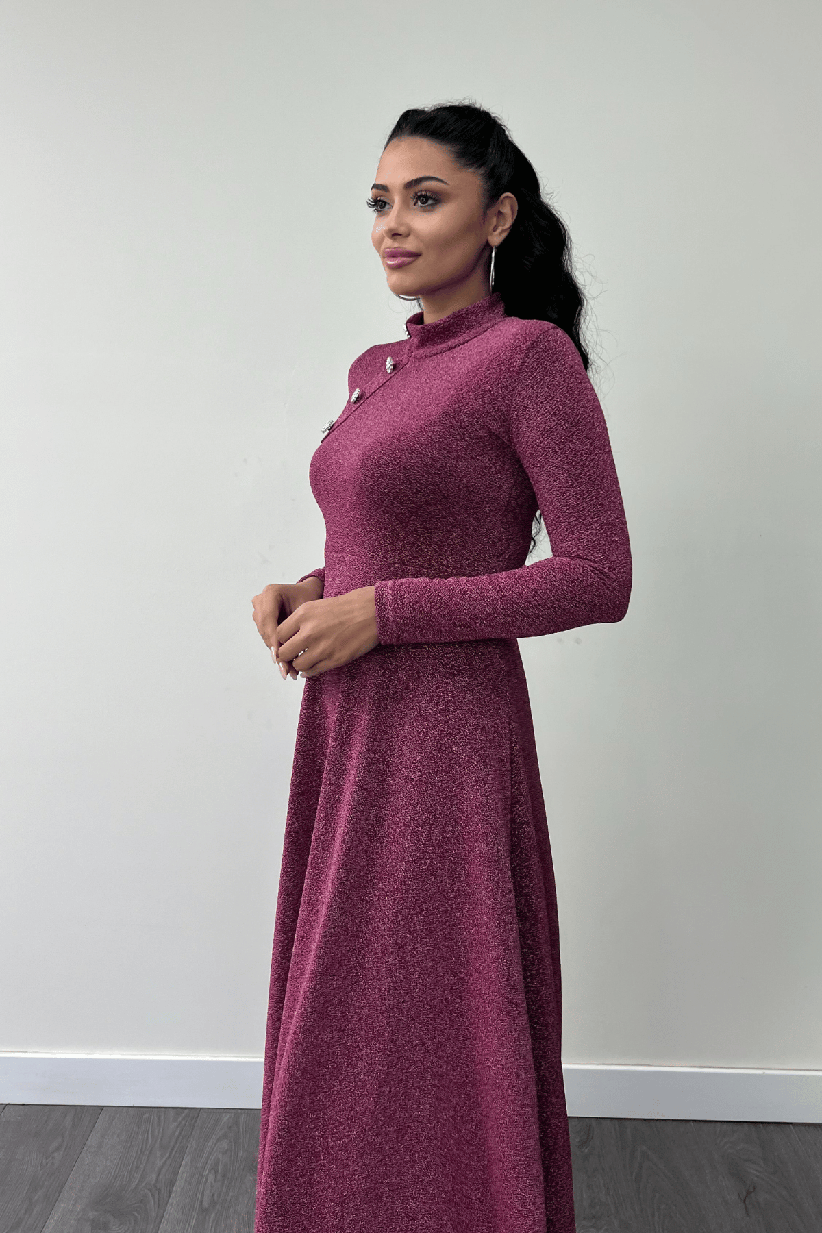 Pırıltılı Krep Kumaş Düğme Detaylı Midi Elbise - GÜL KURUSU