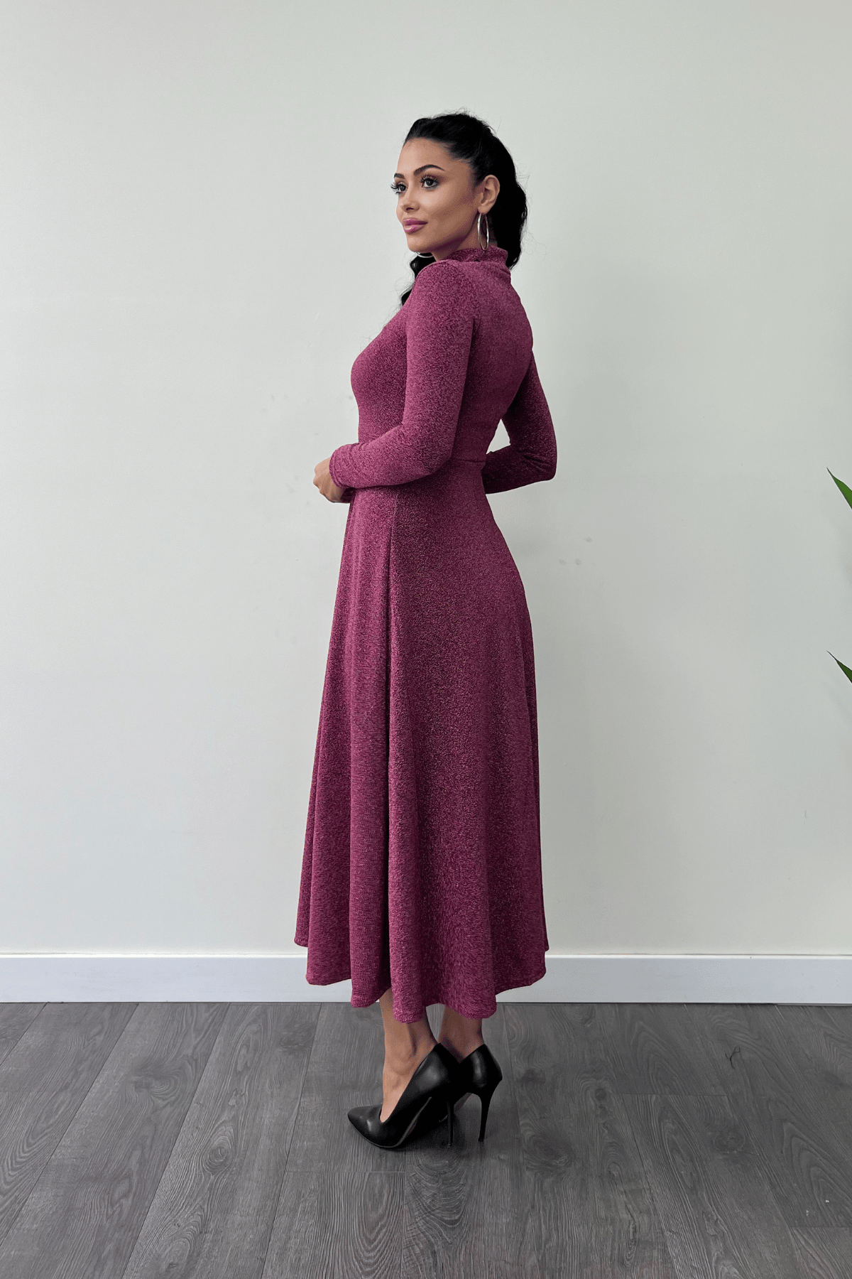 Pırıltılı Krep Kumaş Düğme Detaylı Midi Elbise - GÜL KURUSU