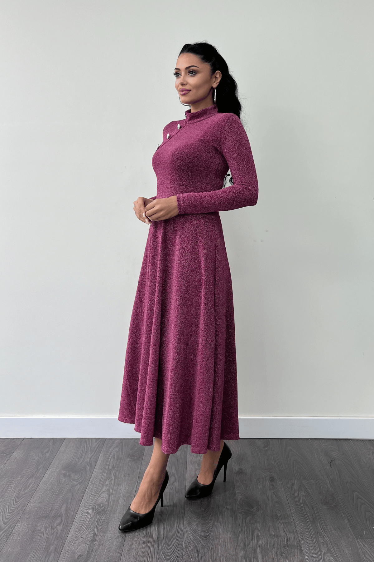 Pırıltılı Krep Kumaş Düğme Detaylı Midi Elbise - GÜL KURUSU