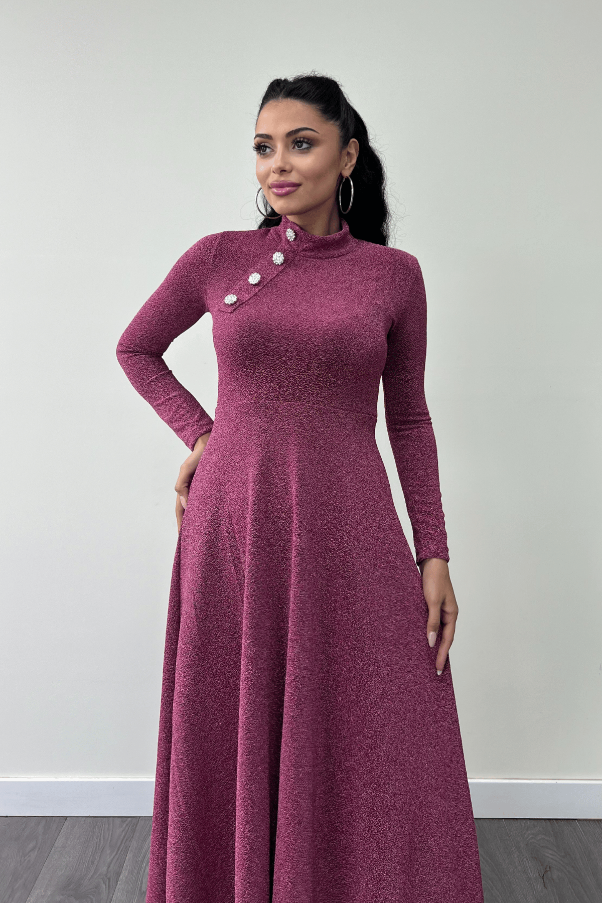 Pırıltılı Krep Kumaş Düğme Detaylı Midi Elbise - GÜL KURUSU