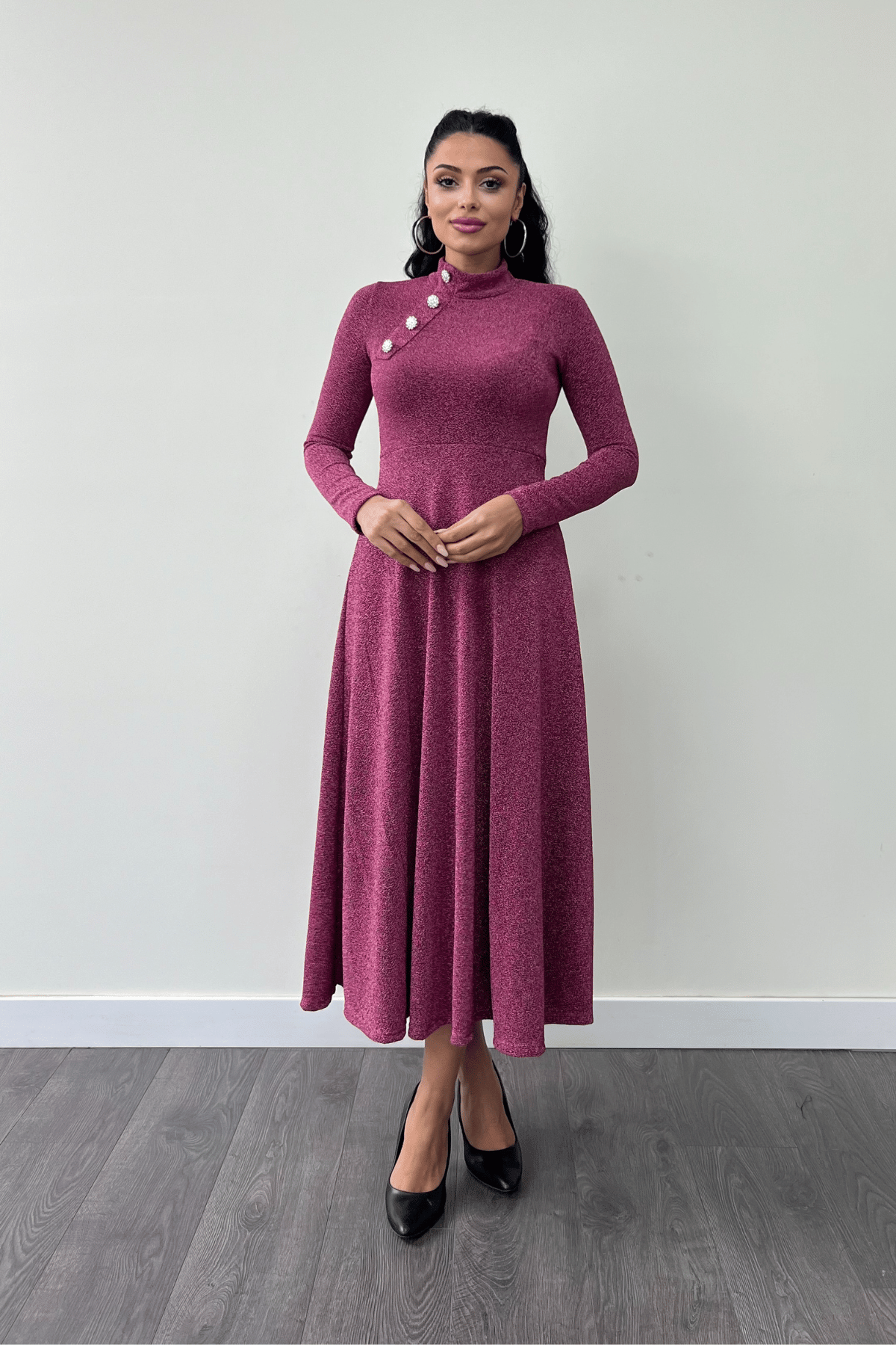 Pırıltılı Krep Kumaş Düğme Detaylı Midi Elbise - GÜL KURUSU