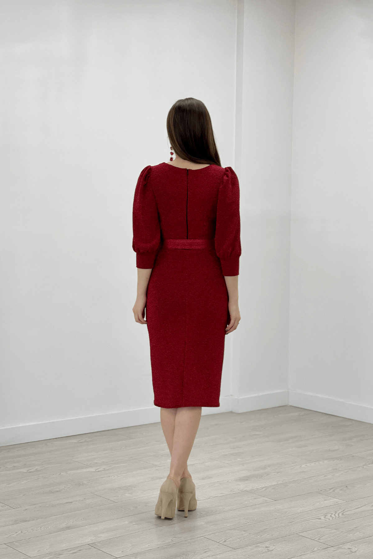 Pırıltılı Kumaş Kolları Balon Detaylı Kalem Elbise - KIRMIZI