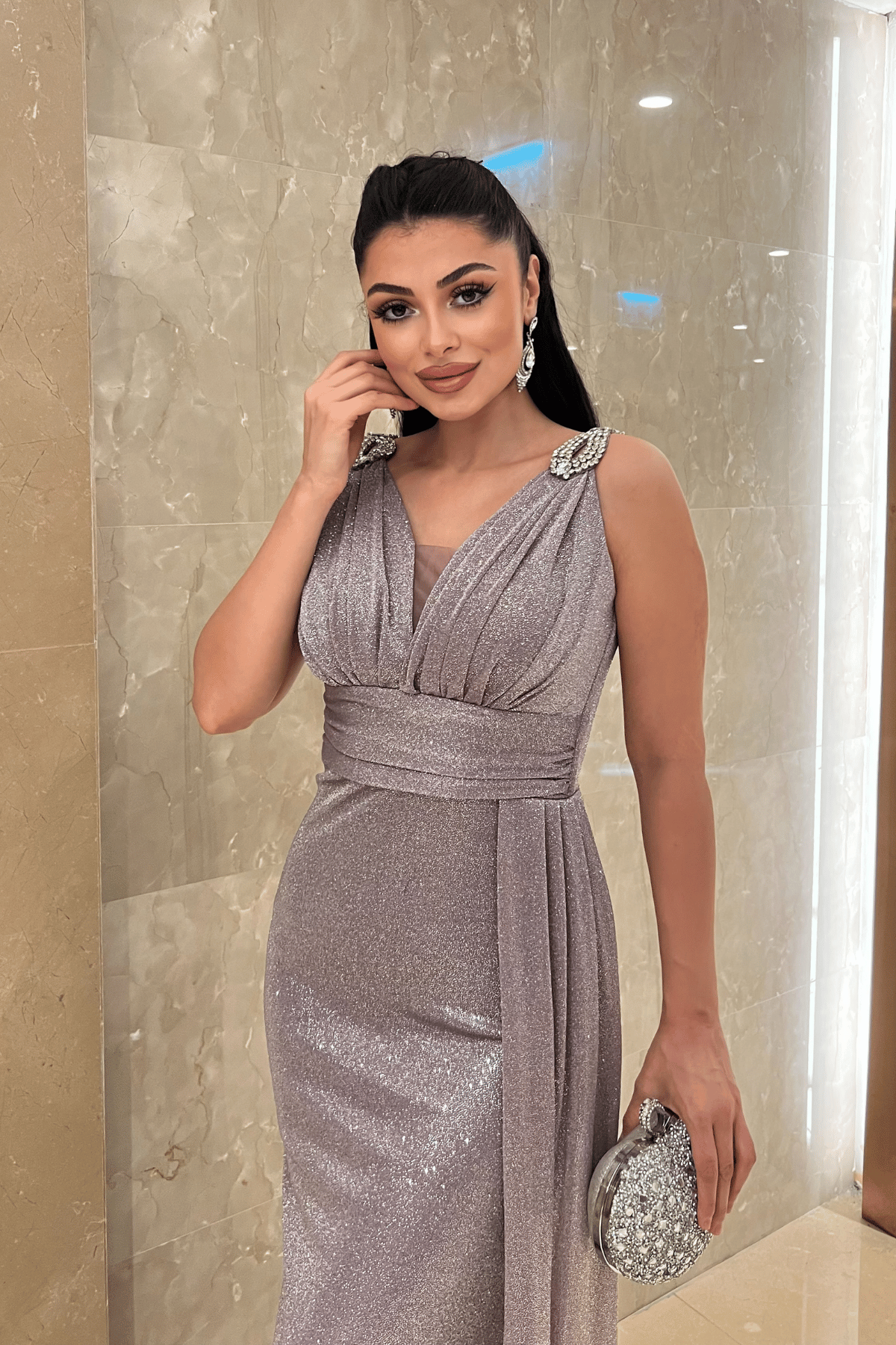 Pırıltılı Kumaş Taş Detaylı Abiye Elbise - LİLA