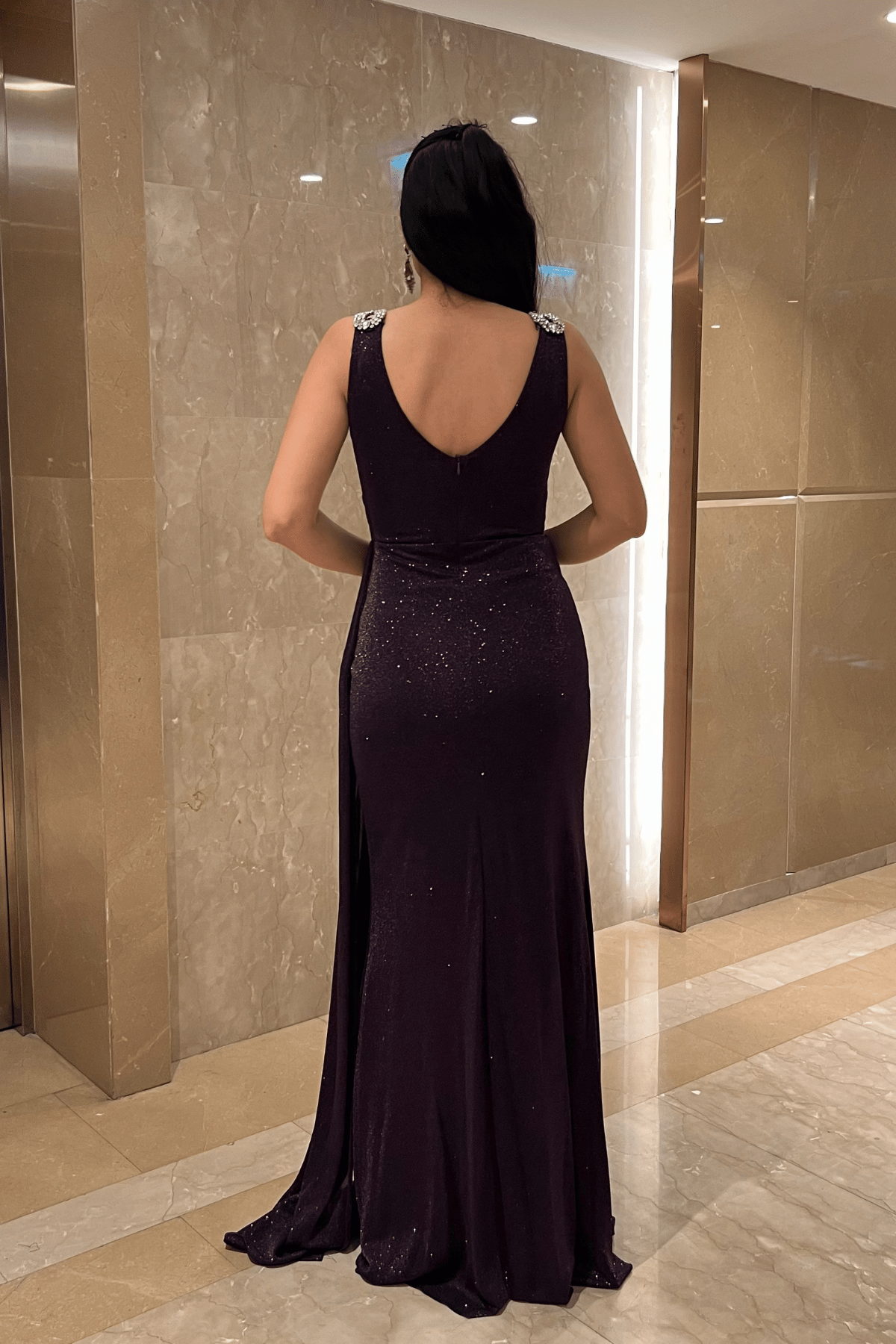 Pırıltılı Kumaş Taş Detaylı Abiye Elbise - PATLICAN MOR