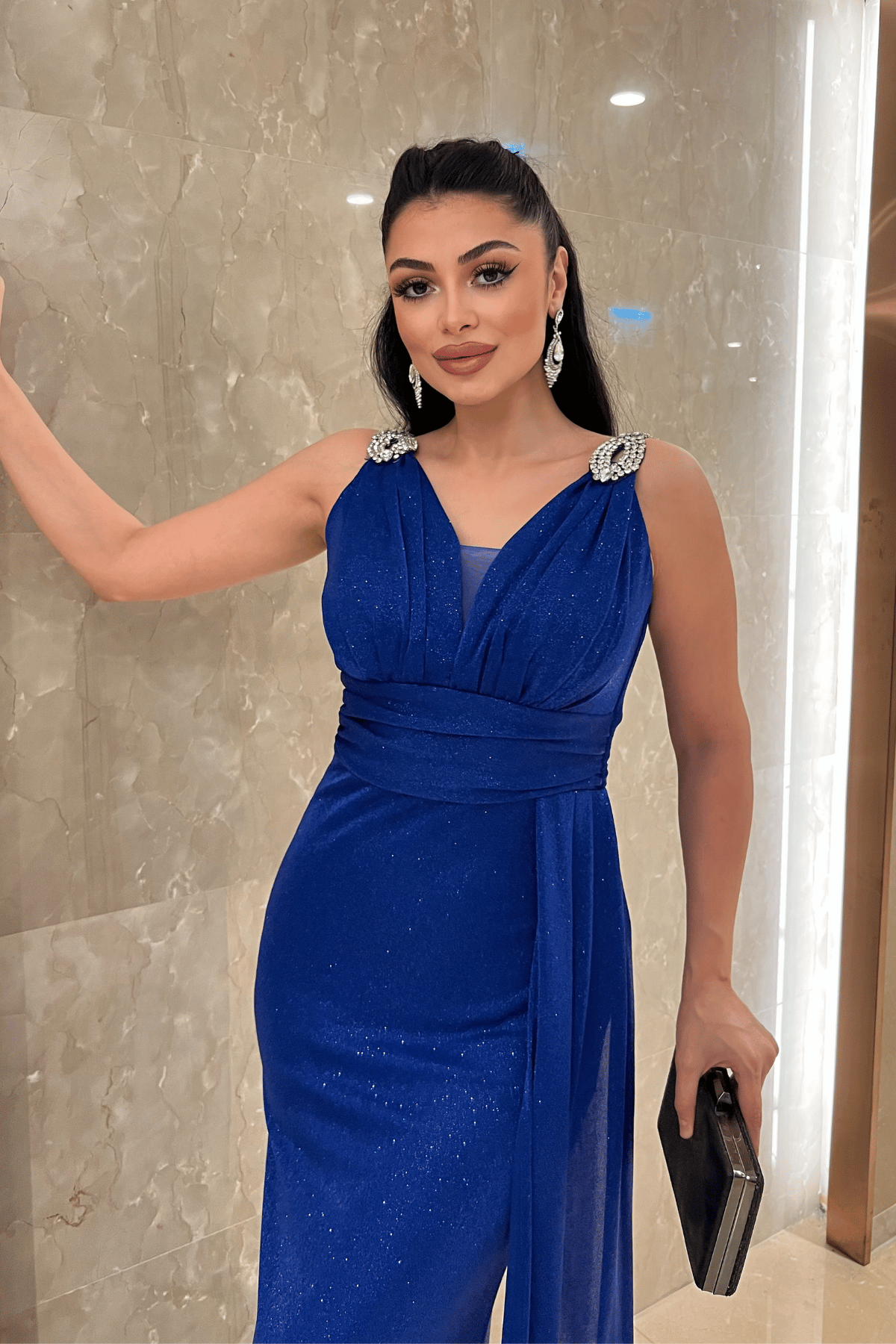 Pırıltılı Kumaş Taş Detaylı Abiye Elbise - SAKS MAVİ