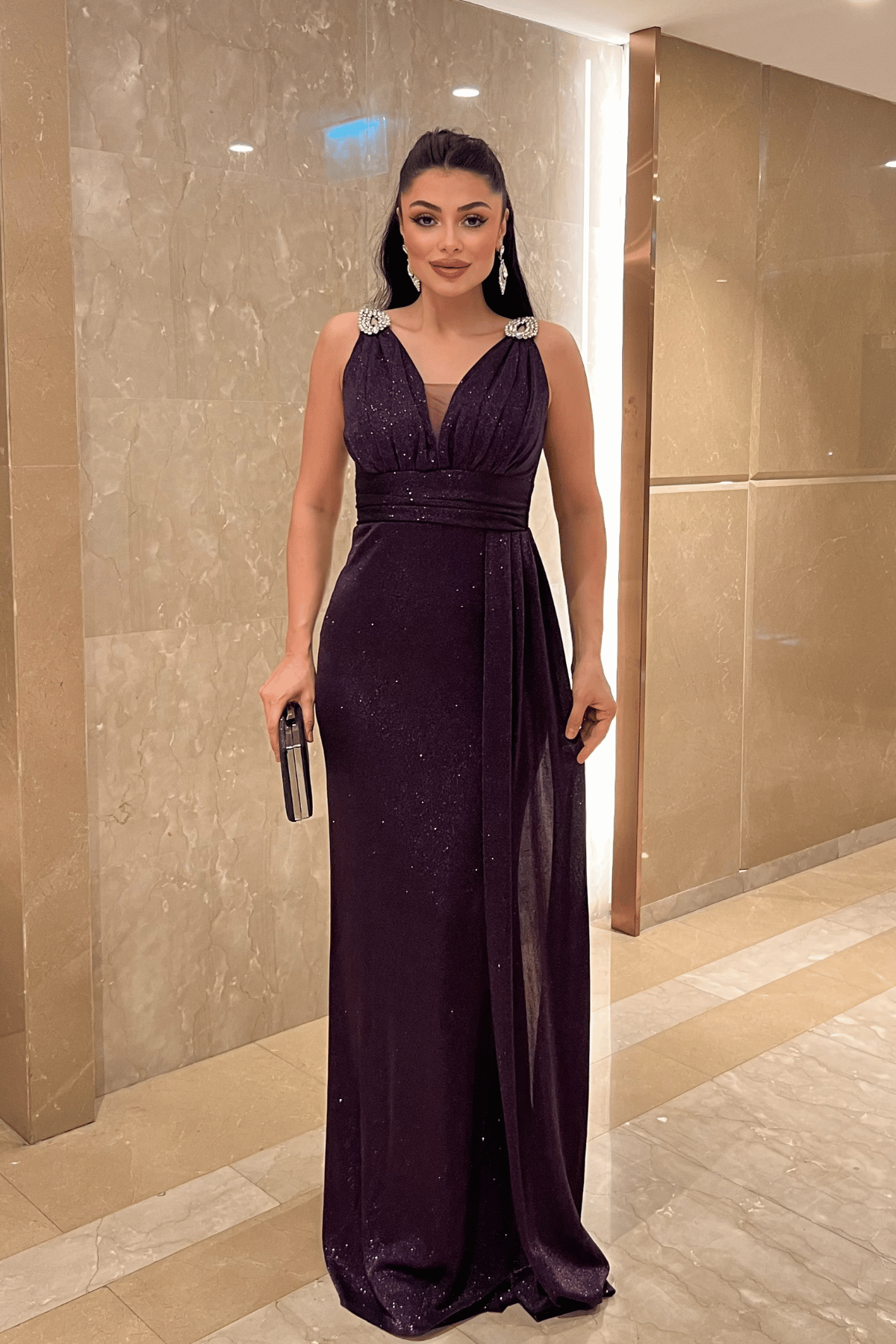 Pırıltılı Kumaş Taş Detaylı Abiye Elbise - PATLICAN MOR