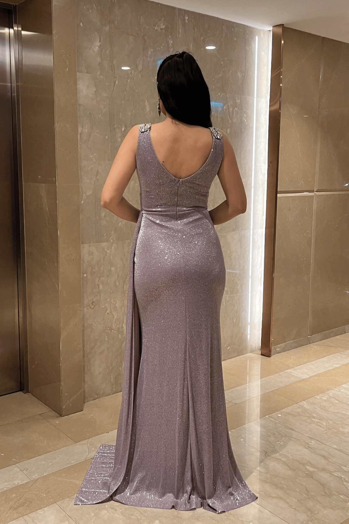 Pırıltılı Kumaş Taş Detaylı Abiye Elbise - LİLA