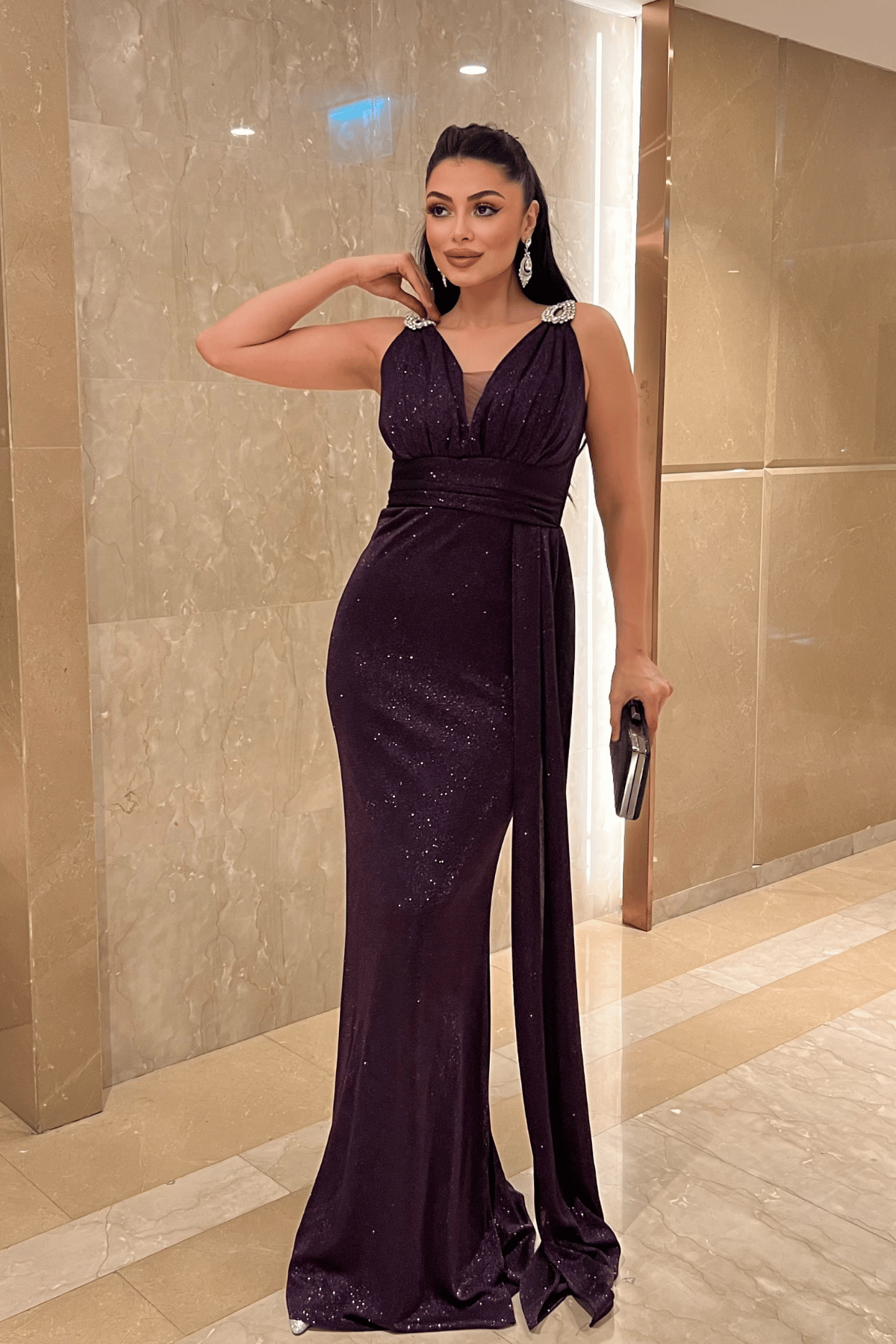 Pırıltılı Kumaş Taş Detaylı Abiye Elbise - PATLICAN MOR