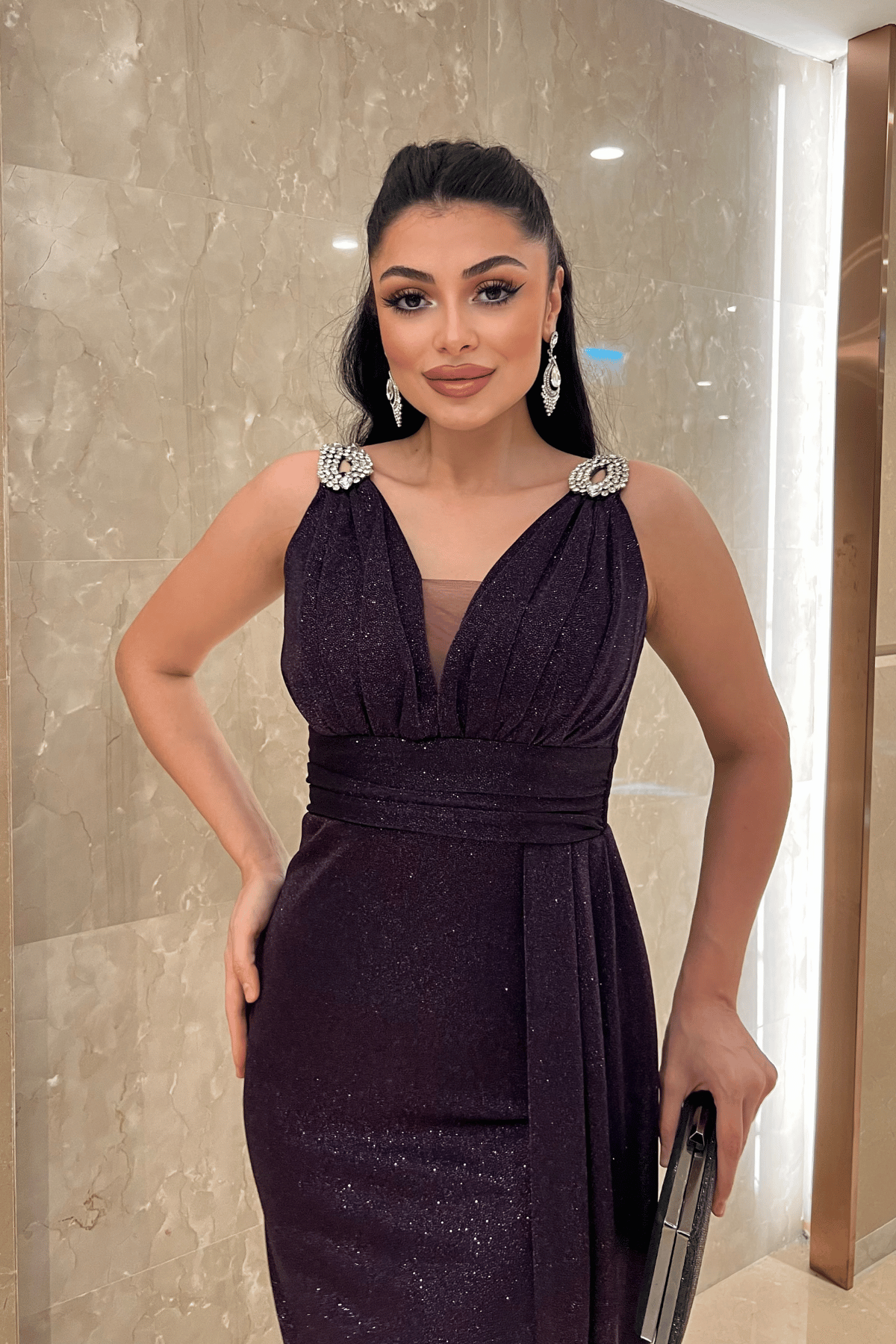 Pırıltılı Kumaş Taş Detaylı Abiye Elbise - PATLICAN MOR