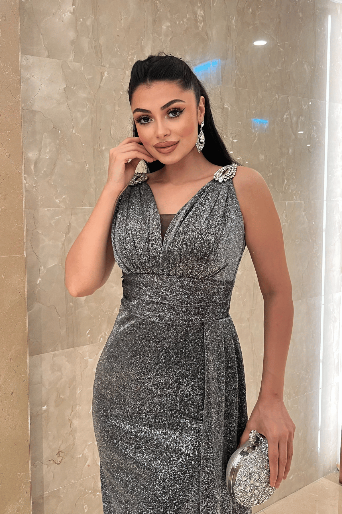 Pırıltılı Kumaş Taş Detaylı Abiye Elbise - GÜMÜŞ