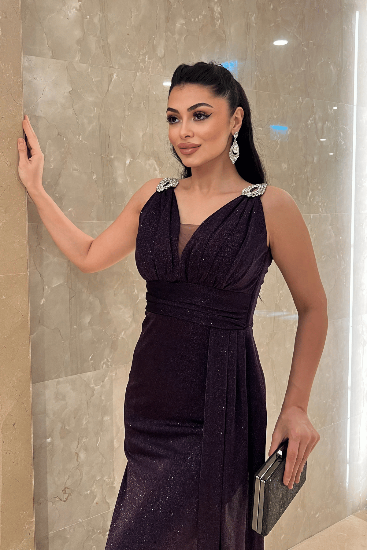 Pırıltılı Kumaş Taş Detaylı Abiye Elbise - PATLICAN MOR